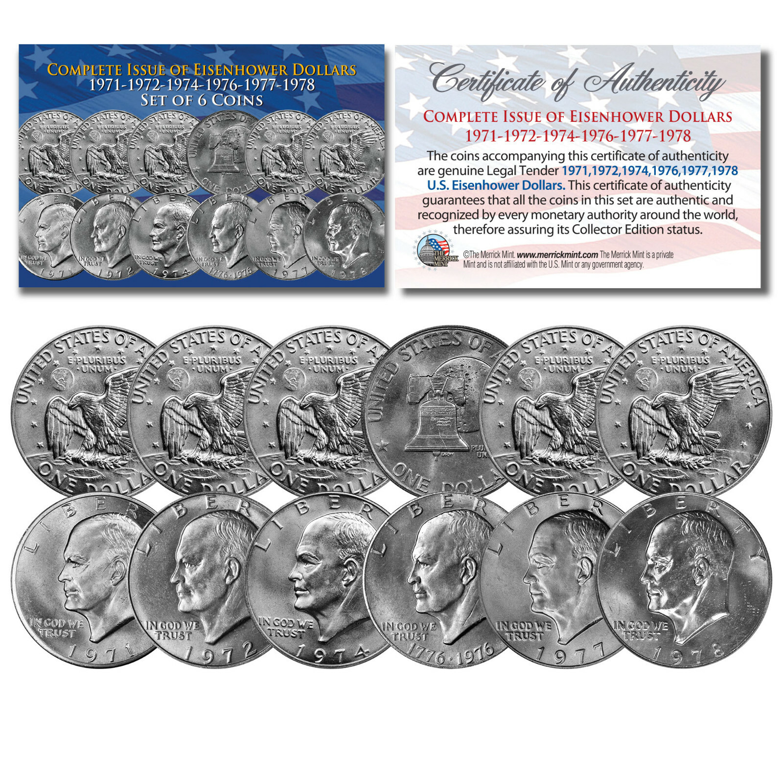 EISENHOWER IKE DOLLARS 6-COIN SET Complete Set of all 6 Years 1971-1978 with COA