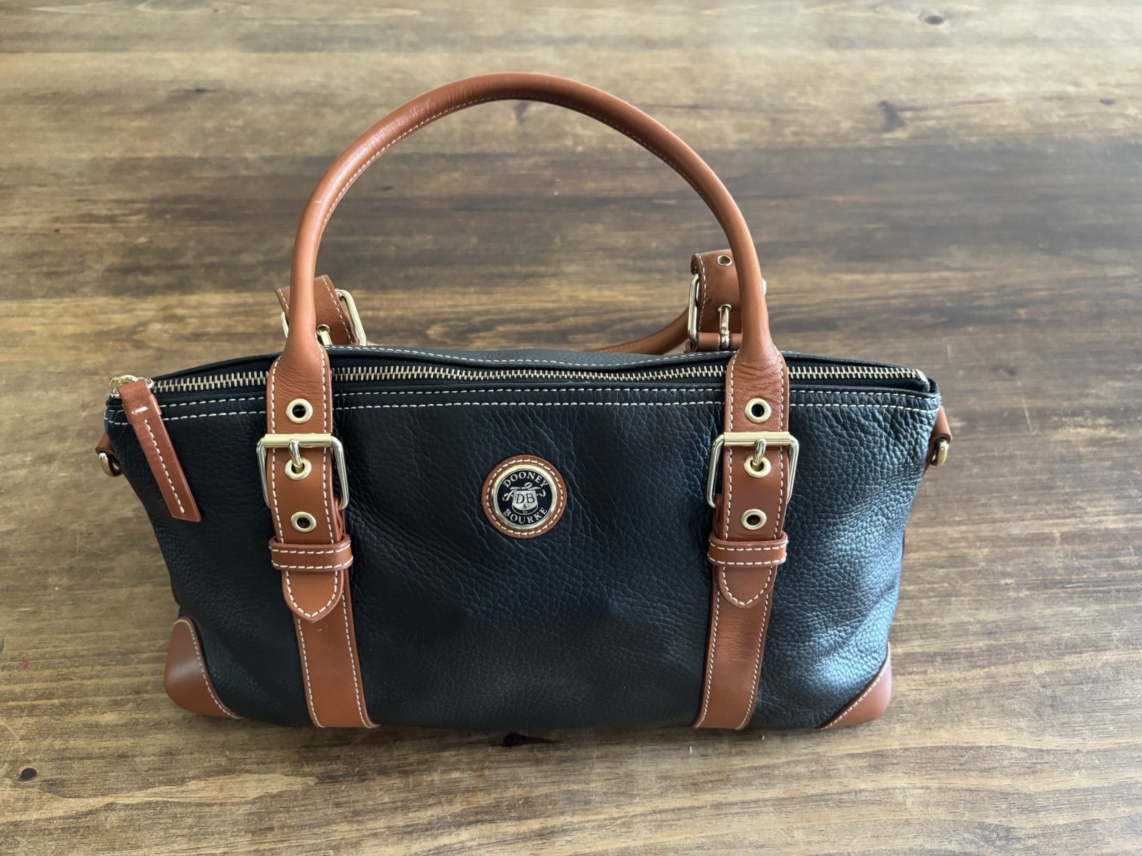 Authentic Dooney Bourke Black Pebble Grain Lrg Satchel Purse Brown Leather Trim Authentic Dooney Bourke Black Pebble Grain Lrg Satchel Purse Brown Leather Trim
