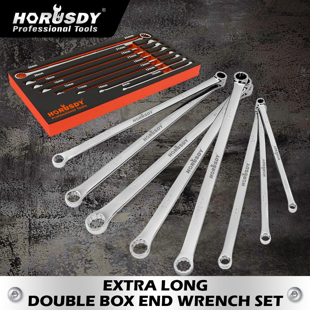 8PC Extra Long Double Box-End Wrench Set Metric 8–24 mm 15° Offset 12-Point CR-V