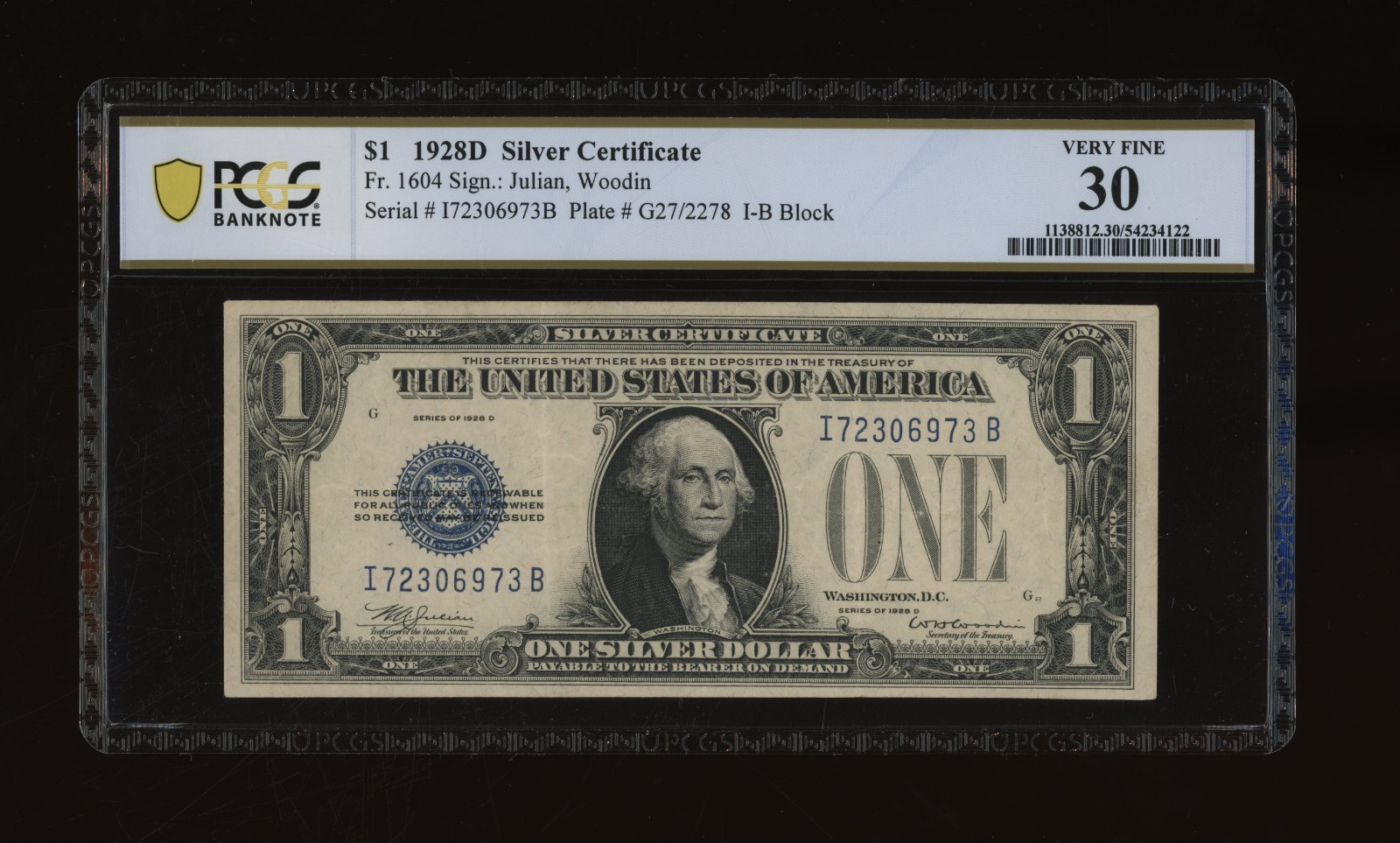 DBR Scarce 1928-D $1 Silver Fr. 1604 IB Block PCGS-B 30 Serial I72306973B DBR Scarce 1928-D $1 Silver Fr. 1604 IB Block PCGS-B 30 Serial I72306973B