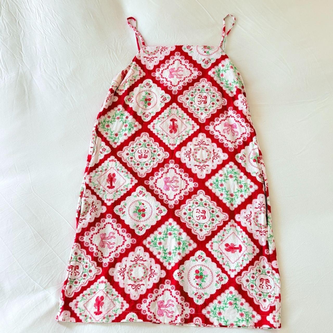 Monteau Los Angeles Red Coquette Linen Mini Dress Lobster Bow Floral XS Monteau Los Angeles Red Coquette Linen Mini Dress Lobster Bow Floral XS