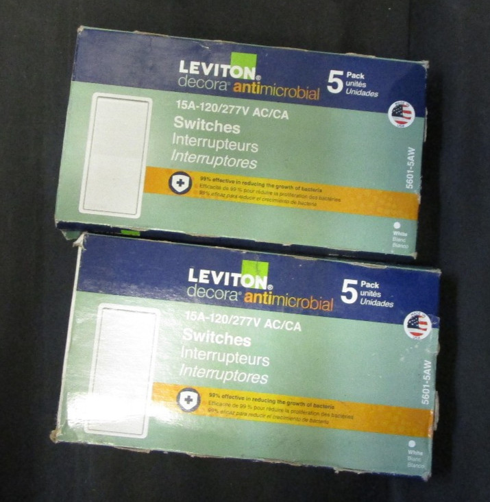 2 BOXES LEVITON DECORA 15A 120/277V AC/CA ANTIMICROBIAL SWITCHES