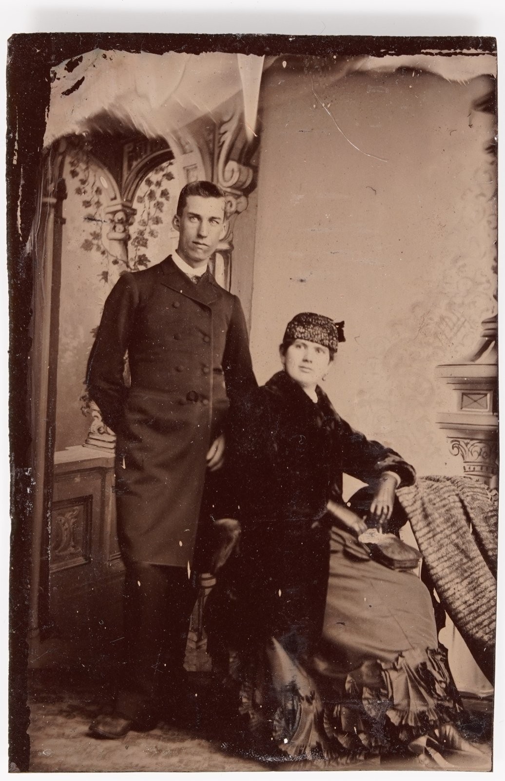 Antique Sixth Plate Tintype Portrait Seated Woman Hat & Standing Young Man Suit Antique Sixth Plate Tintype Portrait Seated Woman Hat & Standing Young Man Suit