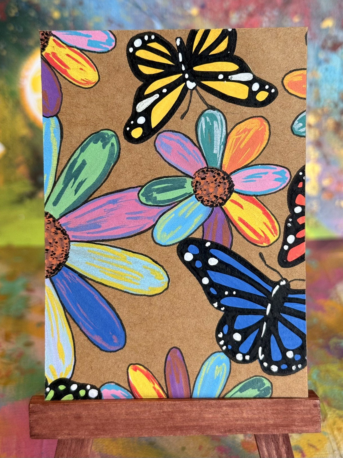 ACEO Original Acrylic 2.5x3.5 Art: neon butterfly flowers by ArtisticApocalypse 
