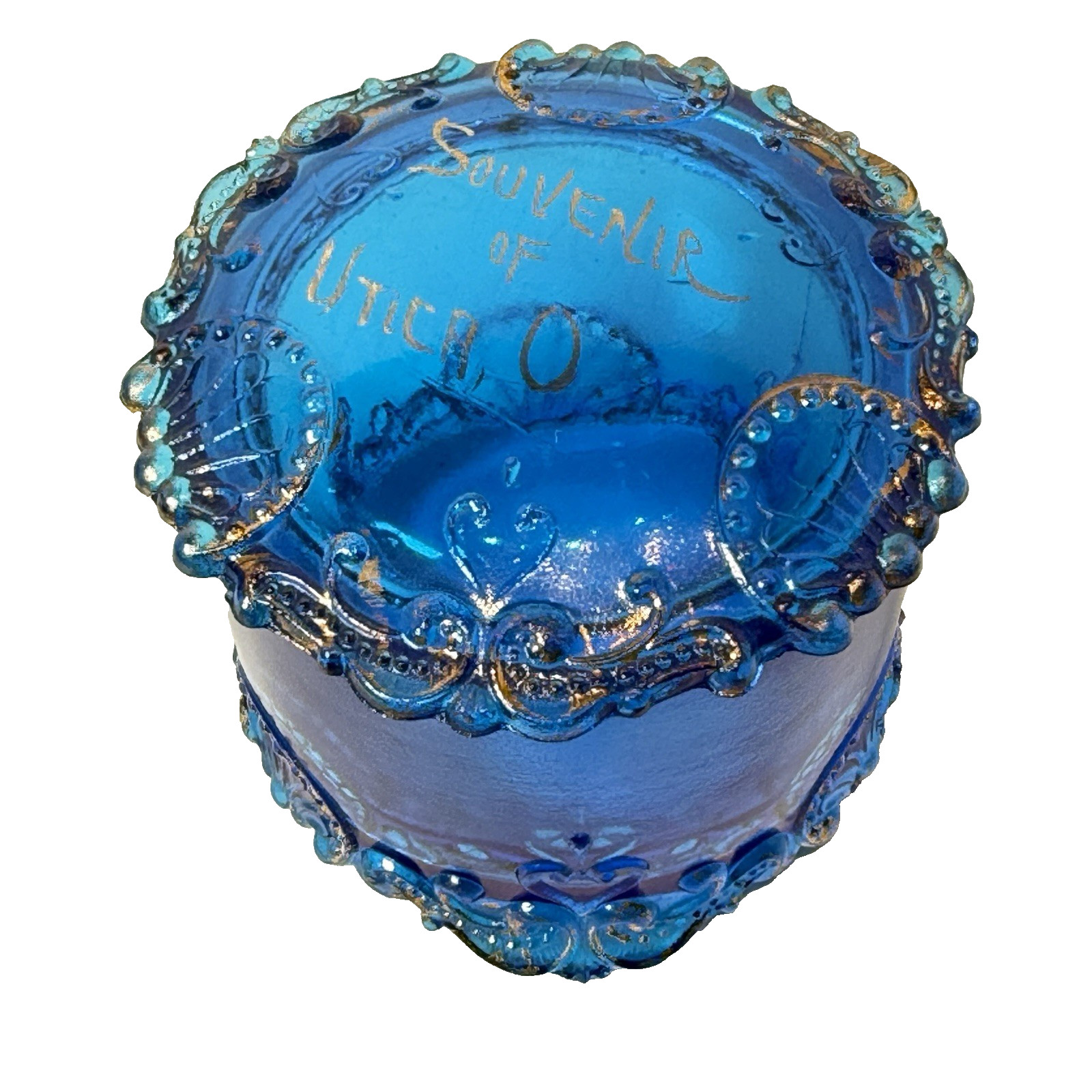 UTICA , OREGON - BLUE Glass Souvenir ANTIQUE Vintage Gilded Trinket Box UTICA , OREGON - BLUE Glass Souvenir ANTIQUE Vintage Gilded Trinket Box