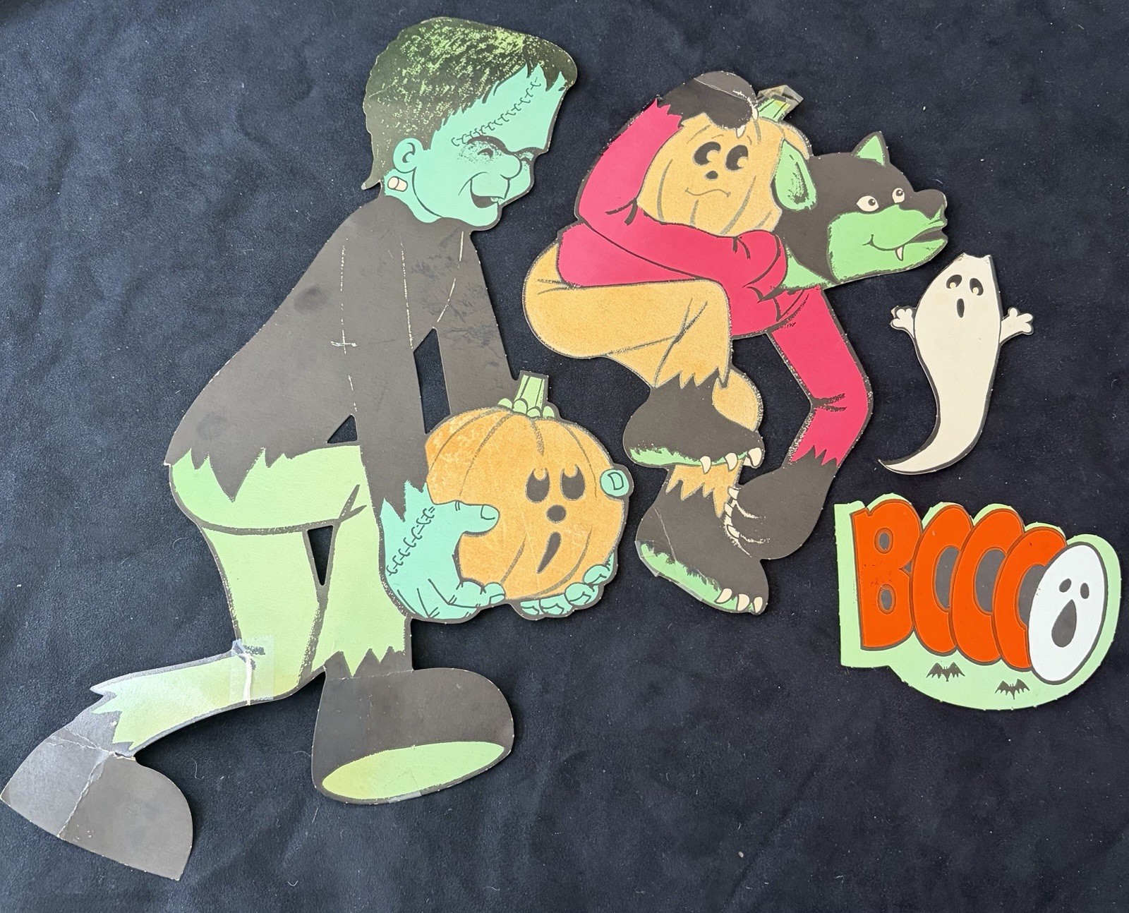 Rare Lot Vintage Halloween Frankenstein Pumpkin Wolf Flocked Die Cut Decoration