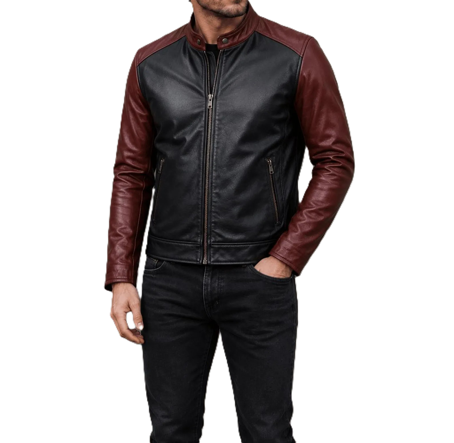 Men\'s Black Burgundy Lambskin Leather Cafe Racer Jacket Moto Biker Zip Up Coat