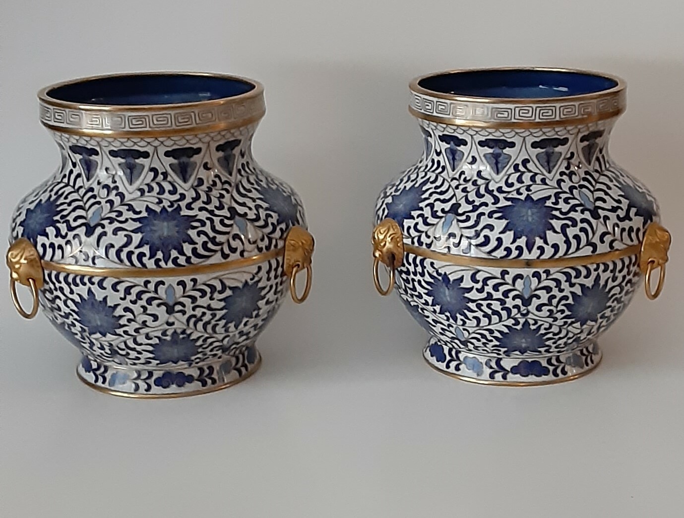 Beautiful Pair Chinese Blue White Cloisonne Enamel Cache Pots W/ Lion Handles