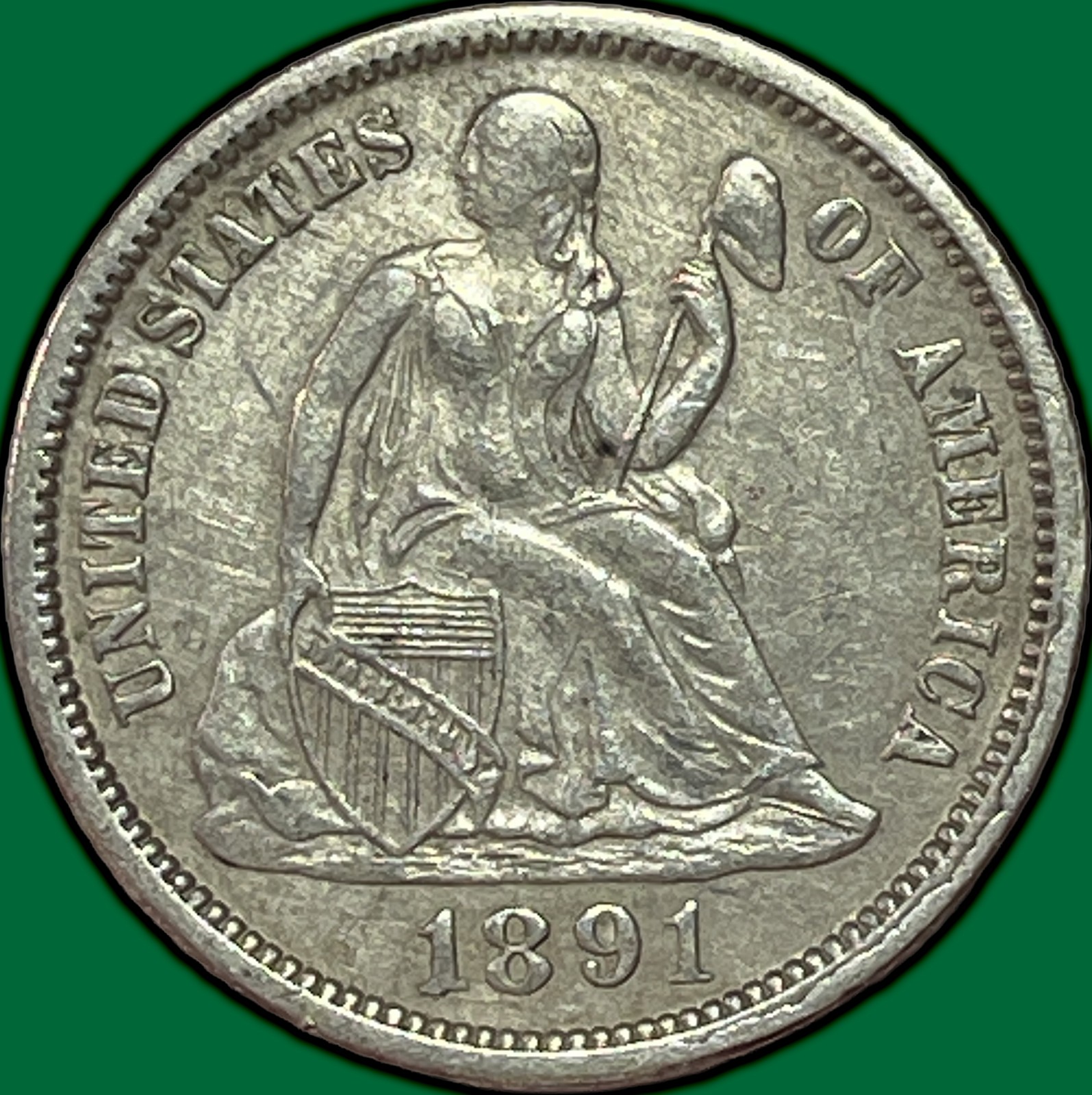 1891-O Seated Liberty Dime Almost Uncirculated AU Coin, Scratched #44353