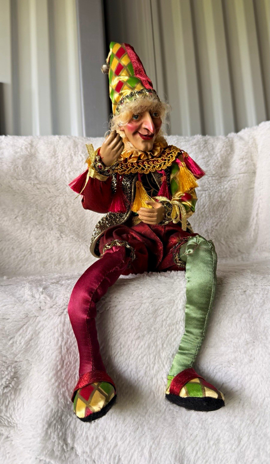 Vintage Christmas Jester Doll Handmade Fabric Harlequin Clown Figure Unique Coll Vintage Christmas Jester Doll Handmade Fabric Harlequin Clown Figure Unique Coll