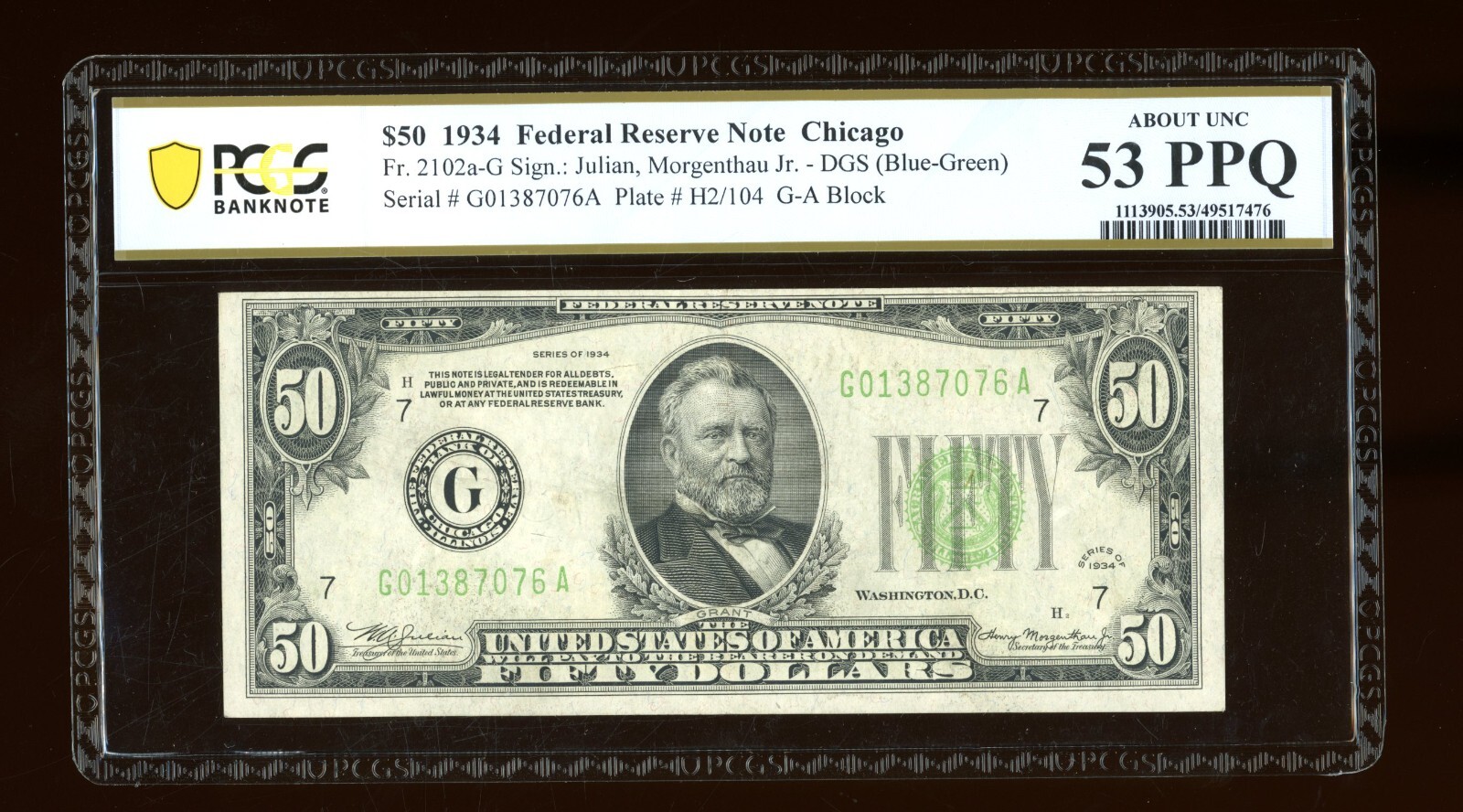 DBR 1934 $50 DGS FRN Chicago Fr. 2102-Gdgs PCGS-B 53 PPQ Serial G01387076A