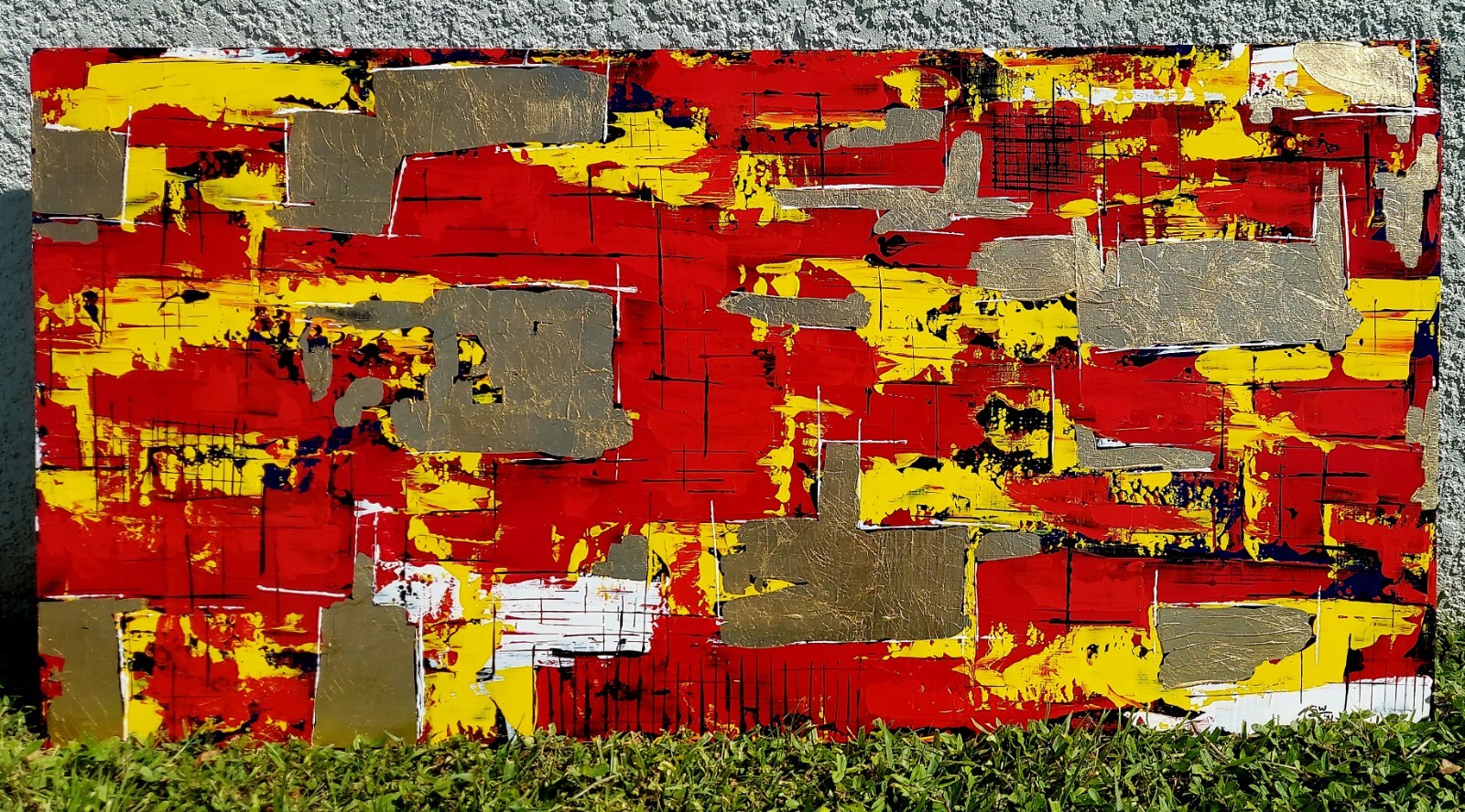 Huge MCM Style Abstract Painting, Red Yellow Gold 48\ Huge MCM Style Abstract Painting, Red Yellow Gold 48\