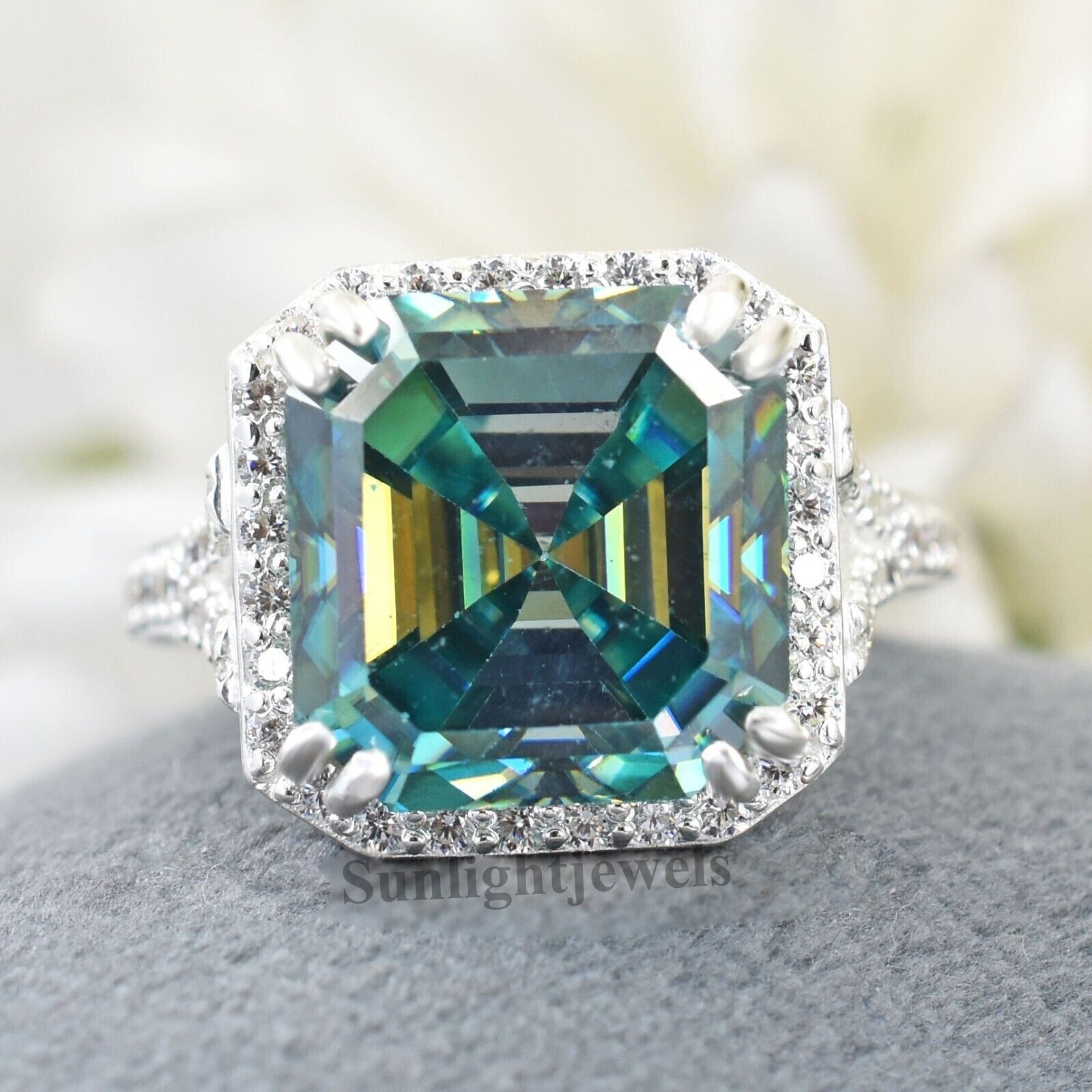 RARE 8.70 Ct Blue Treated Diamond Asscher Cut Solitaire Ring 925 Silver Ring
