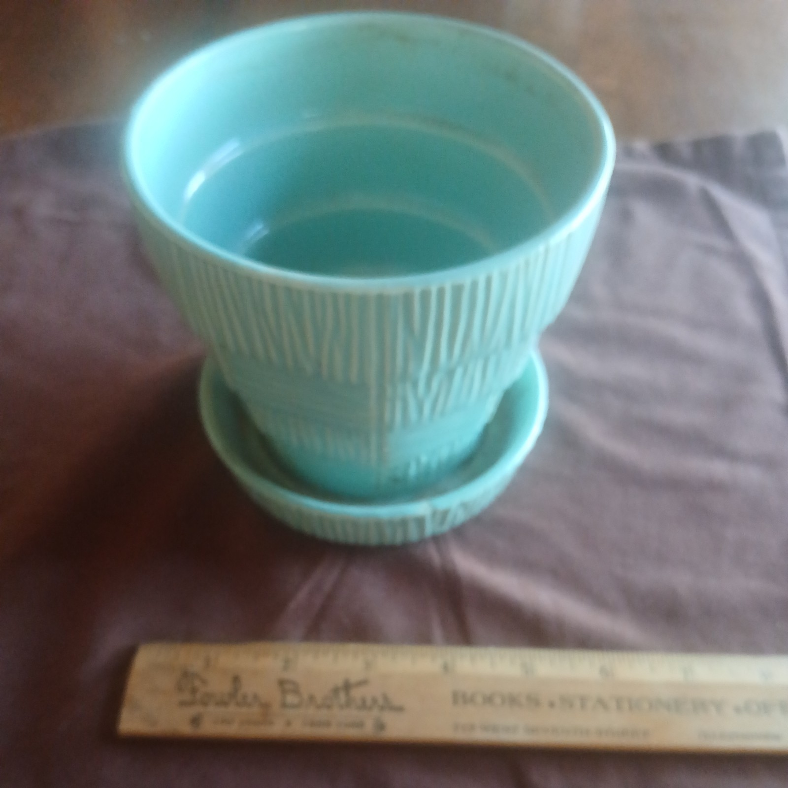 Vintage McCoy 5 inch Aqua Blue Flower Pot Basketweave w/Attached Saucer Vintage McCoy 5 inch Aqua Blue Flower Pot Basketweave w/Attached Saucer