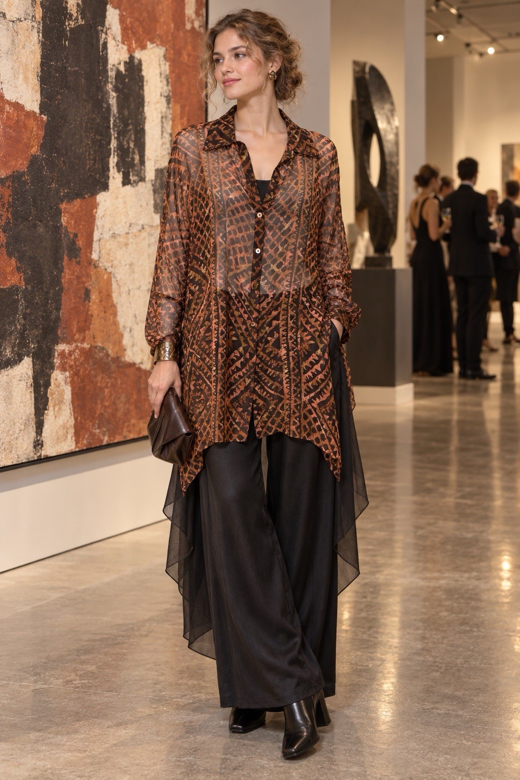 Peruvian Connection 100% Silk Sheer Geometric Print Button Shirt Brown L Italy