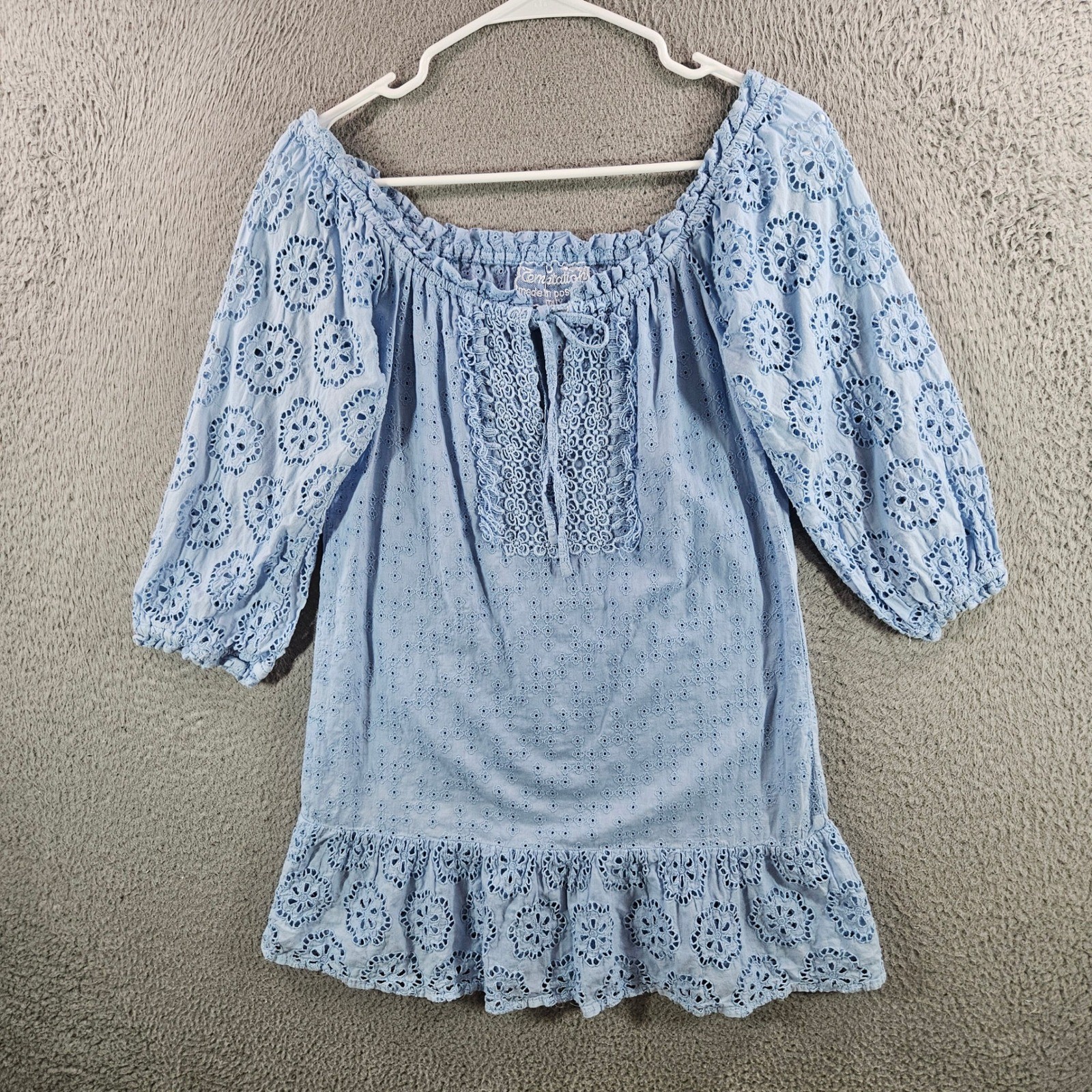 Temptation Positano Italy Nuoro Light Blue Eyelet Cotton Tunic Top Small