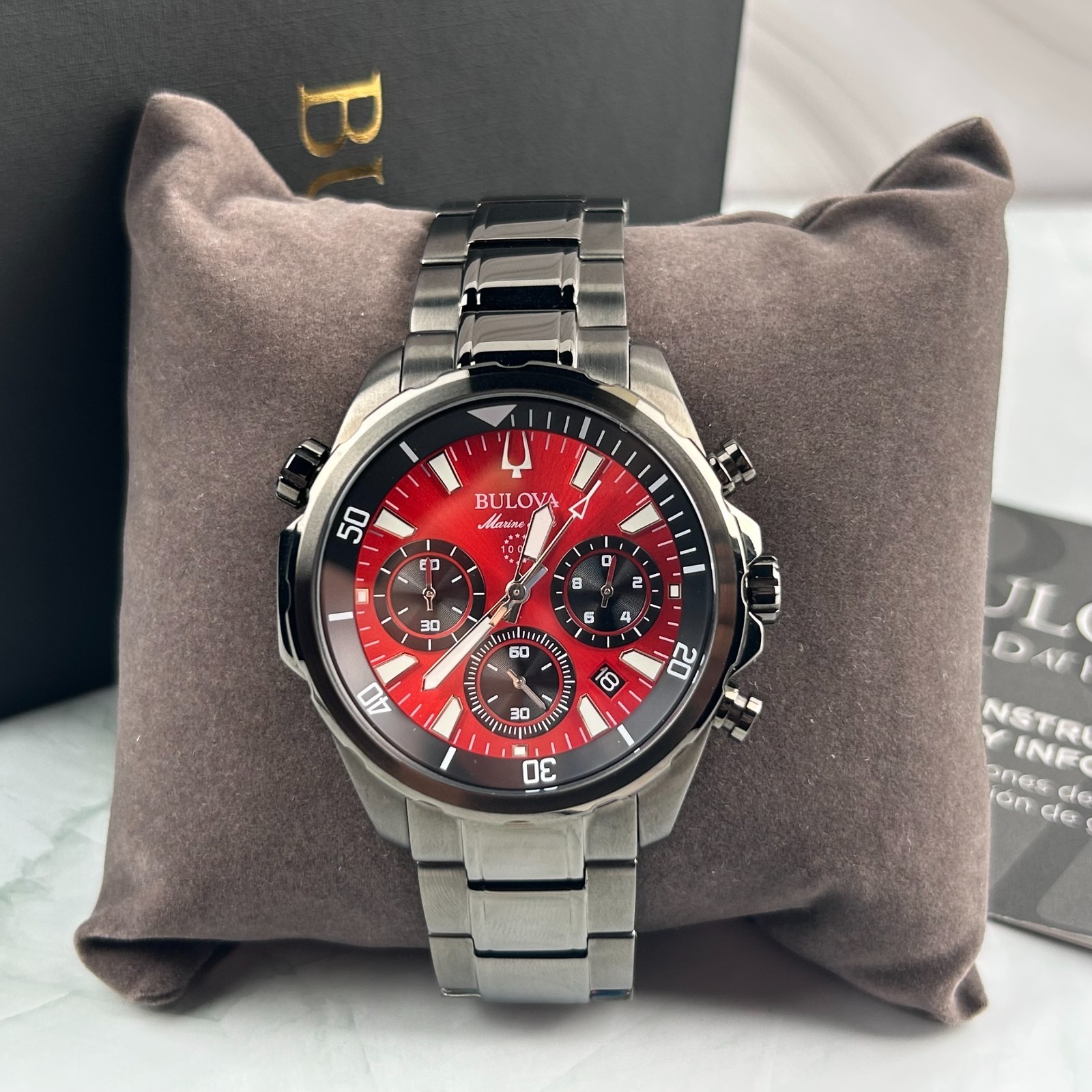 Bulova Marine Star 98B350 Red Dial Gray Band Chronograph Men\'s Quartz Watch 43MM