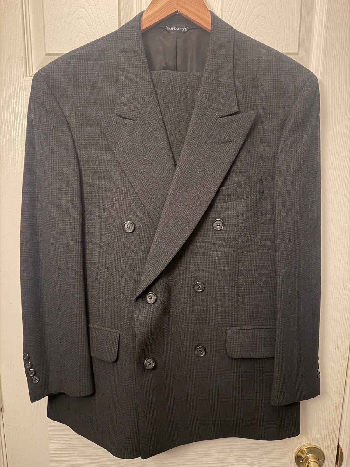 Burberrys Mens Suit 40r 36x30 Wool Charcoal Plaid Double Breasted Vintage