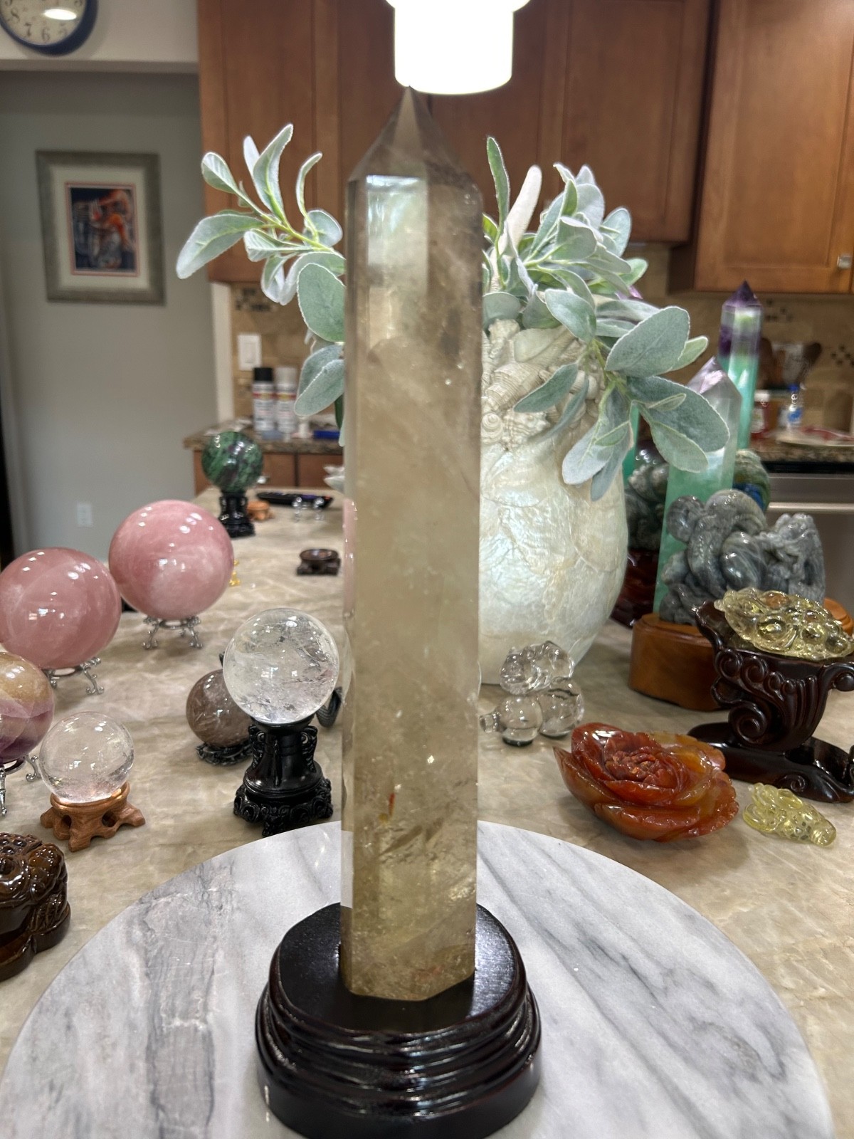 Smoky quartz tower with custom wood stand 12.5” tall Smoky quartz tower with custom wood stand 12.5” tall