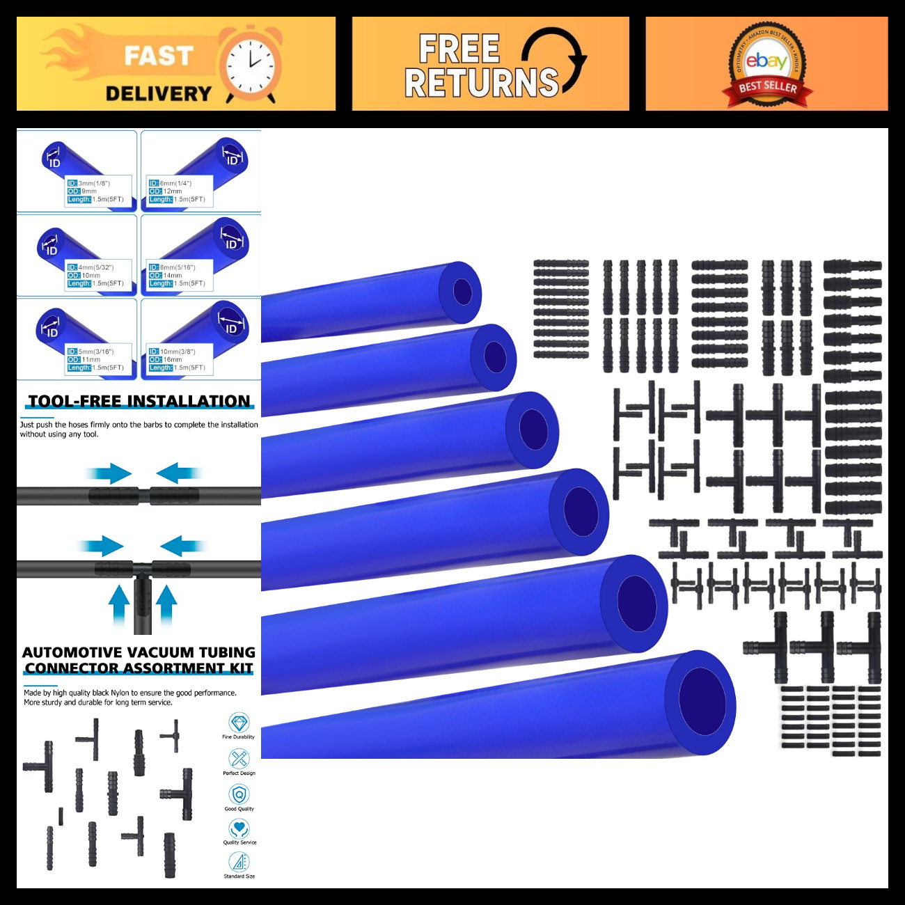 High-Performance Silicone Vacuum Hose Kit 6PCS 5FT with 115 Nylon Connectors - B