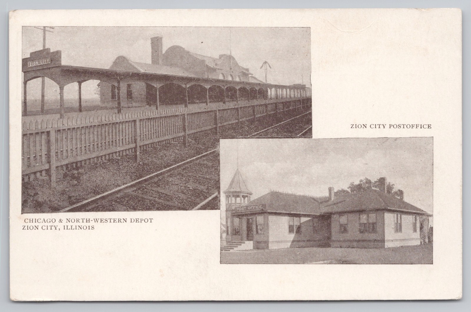 c.1905 Zion City Illinois IL C&NW Train Depot Post Office Print & Pub. House A6