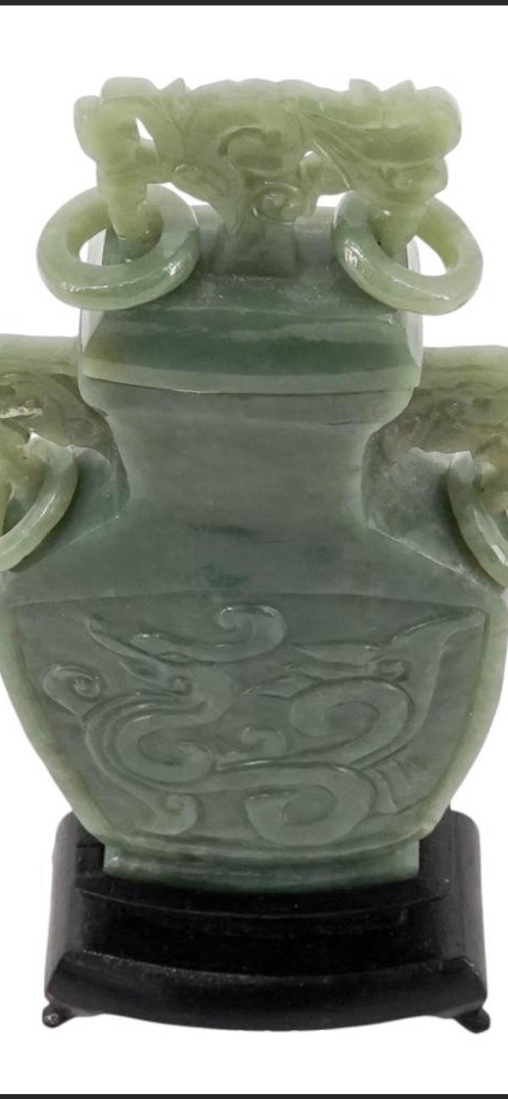 Antique Green Jade Chinese Vase Carved w/ Ring Handles on Wood Stand