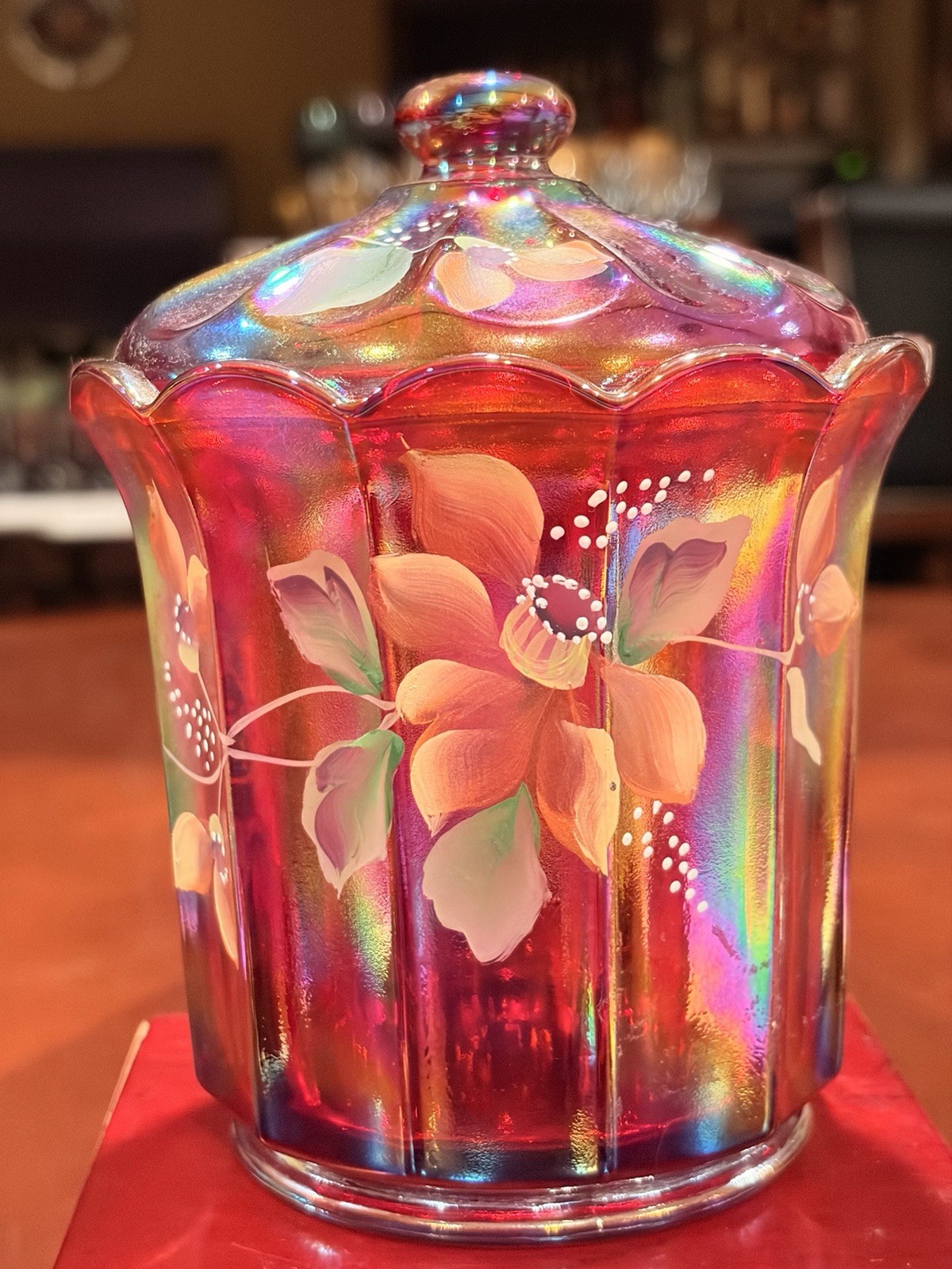 Gorgeous Vintage Fenton Red Carnival Glass Hand Painted Covered Candy Jar 6”