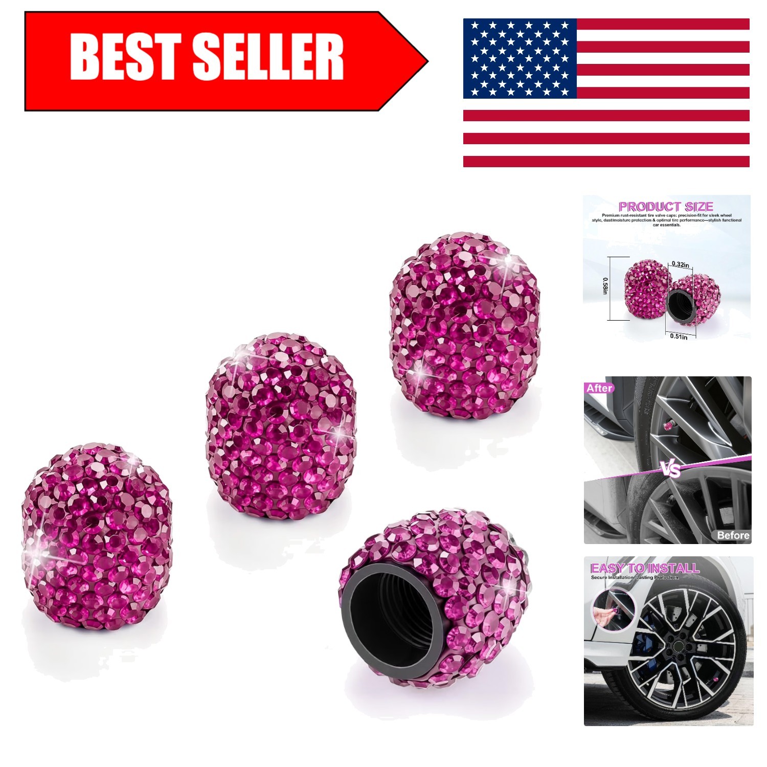 4-Pack Handmade Rhinestone Valve Stem Caps - Luxe Violet Red Fit All Vehicles