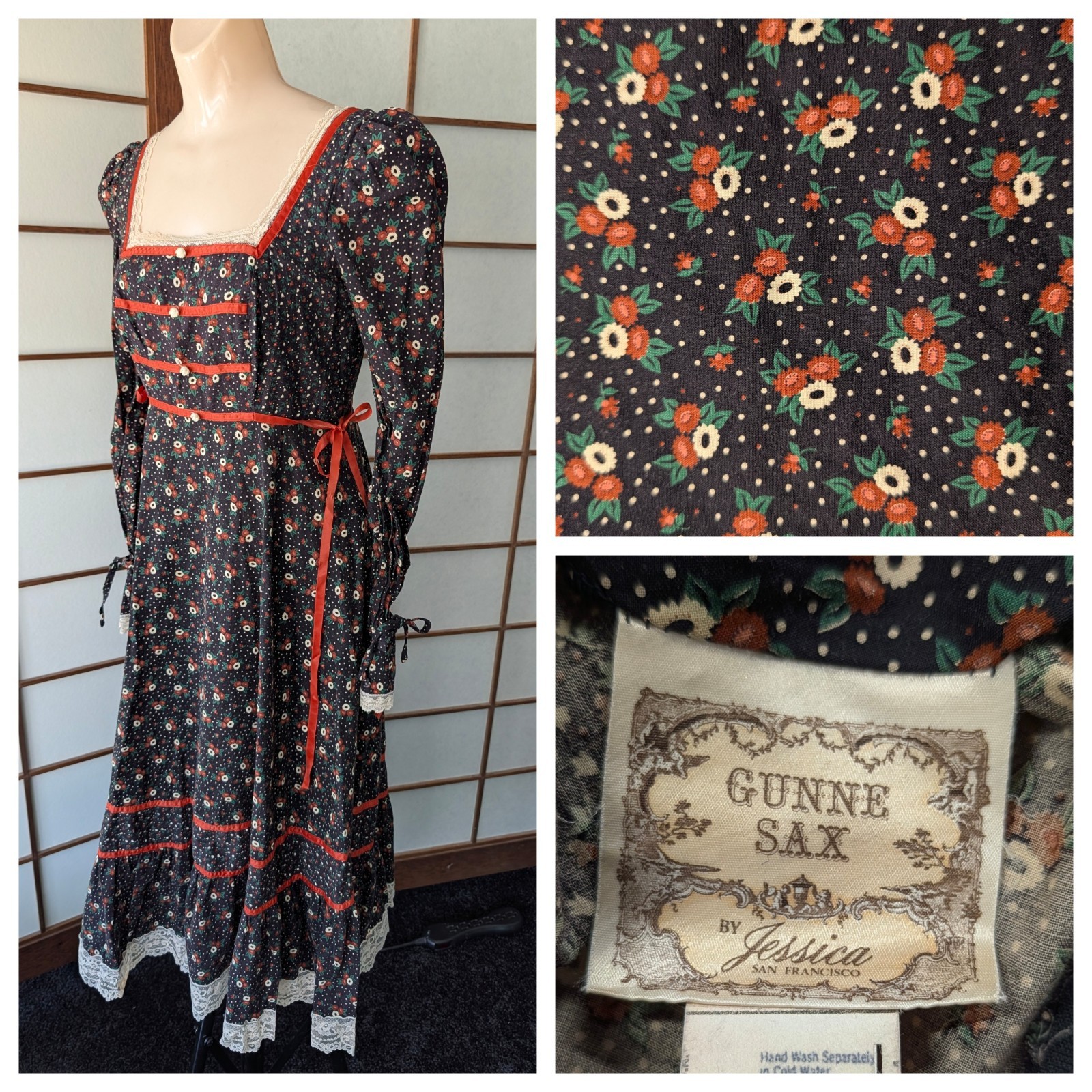 Vintage Gunne Sax Prairie Dress Square Neck Ribbon Side Ties Black Floral Boho S