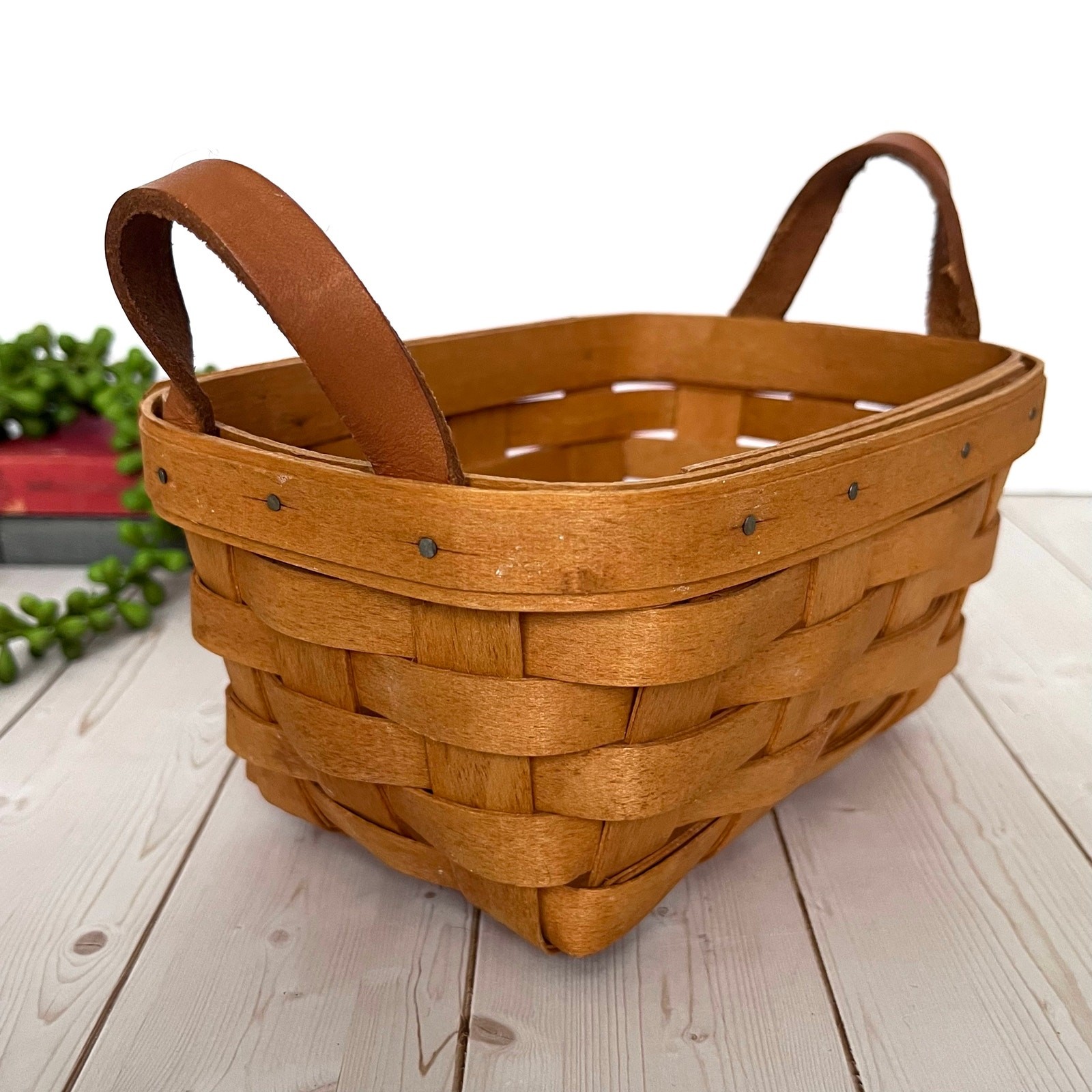1995 Longaberger Woven Tea Mini Basket Leather Handles 7\ 1995 Longaberger Woven Tea Mini Basket Leather Handles 7\