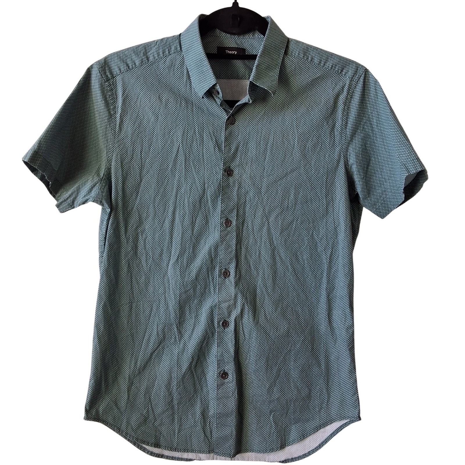 Theory Zack S Circle Print Short Sleeve Button Down Shirt Green White
