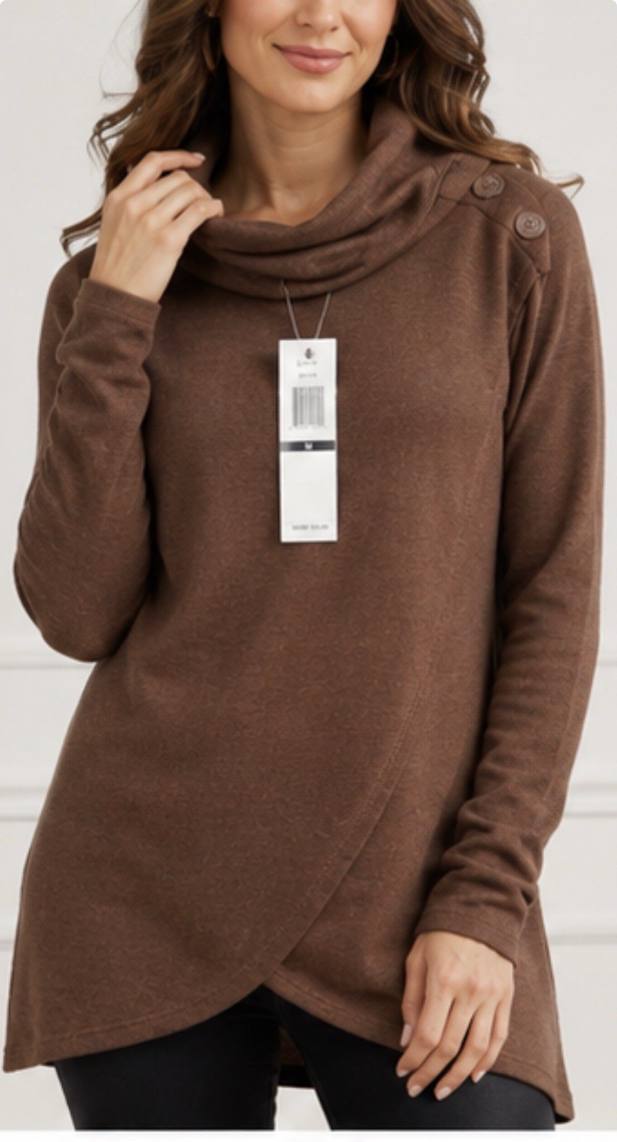 RXB Women’s Brown Cowl Neck Tunic Sweater Top Button Detail Size M NWT