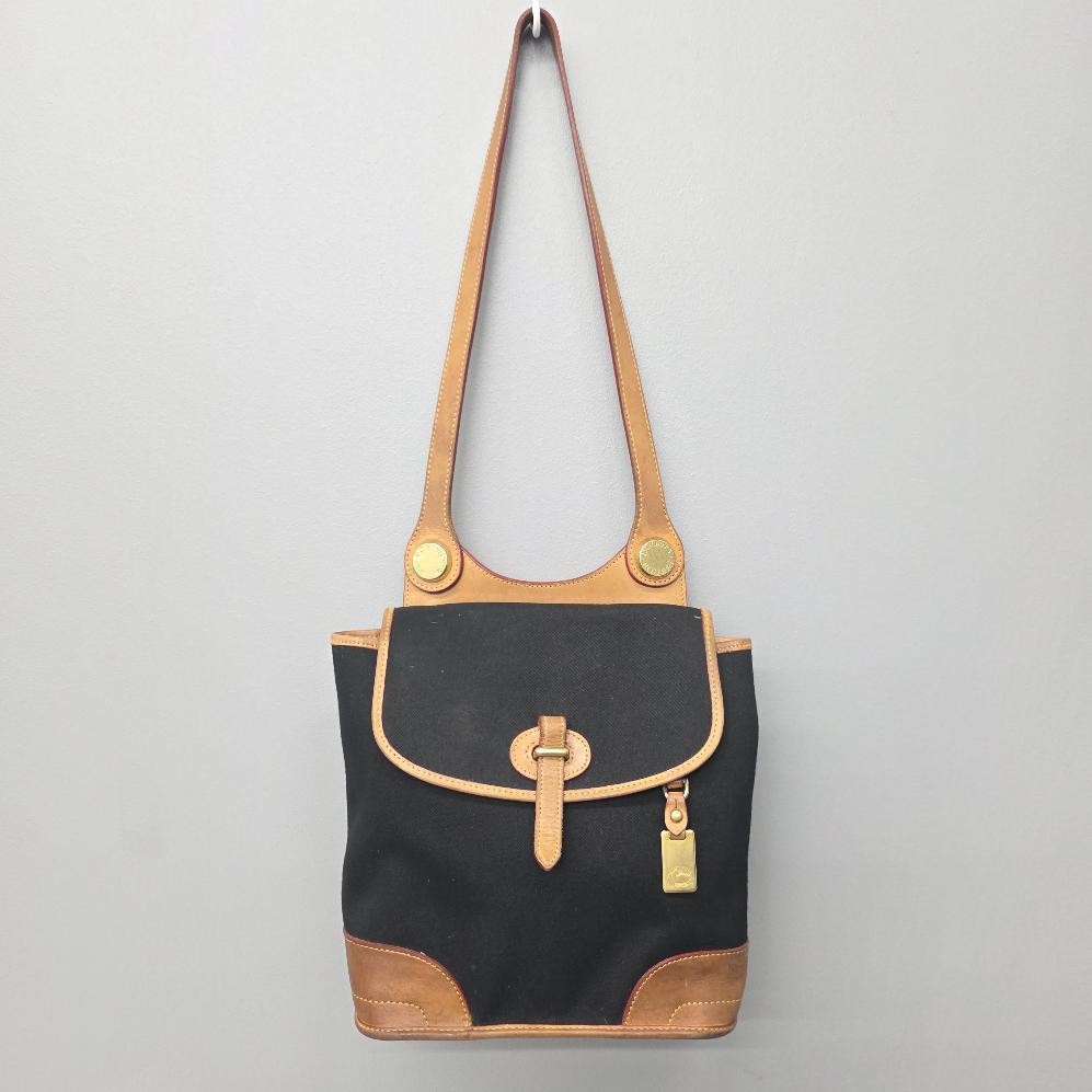 Vintage Dooney & Bourke USA Black Canvas & Tan Leather RARE Flap Shoulder Bag