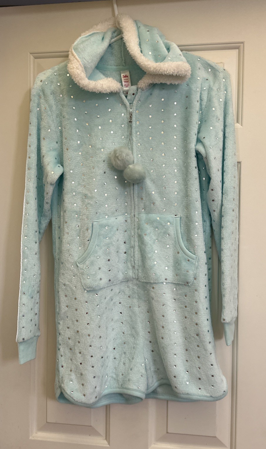Justice Girls Fleece Hooded Romper Pajamas Size 14/16 mint w/ silver dots Justice Girls Fleece Hooded Romper Pajamas Size 14/16 mint w/ silver dots