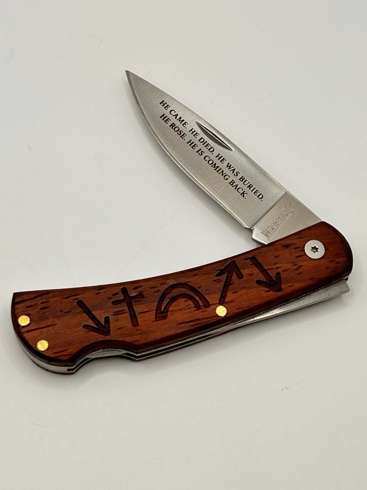 The Gospel of Jesus Custom Engraved Marbles MR470 Wood Lockback Pocket Knife