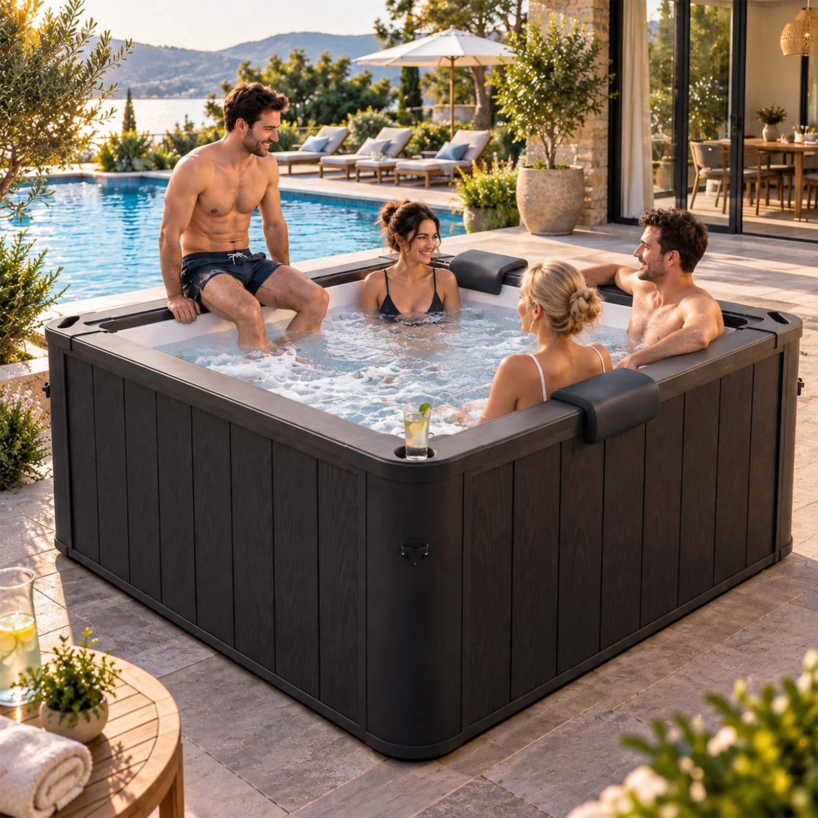 NAIZEA 6 Person Square Outdoor Hot Tub Spa 1350W Heater 90 Massage Bubble Jets