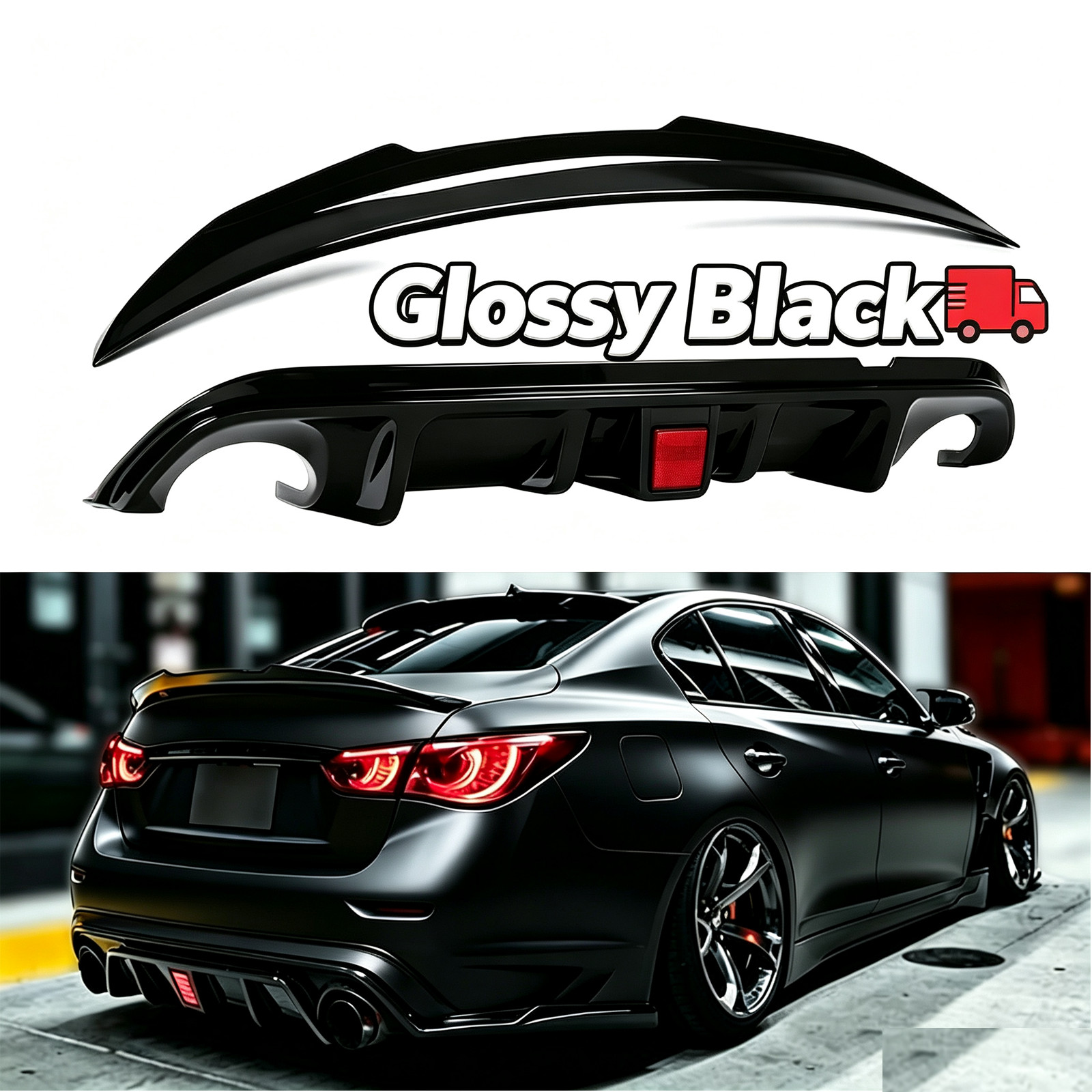 Glossy Black Fit 2014-2017 Infiniti Q50 Rear Bumper Diffuser & Rear Spoiler lip