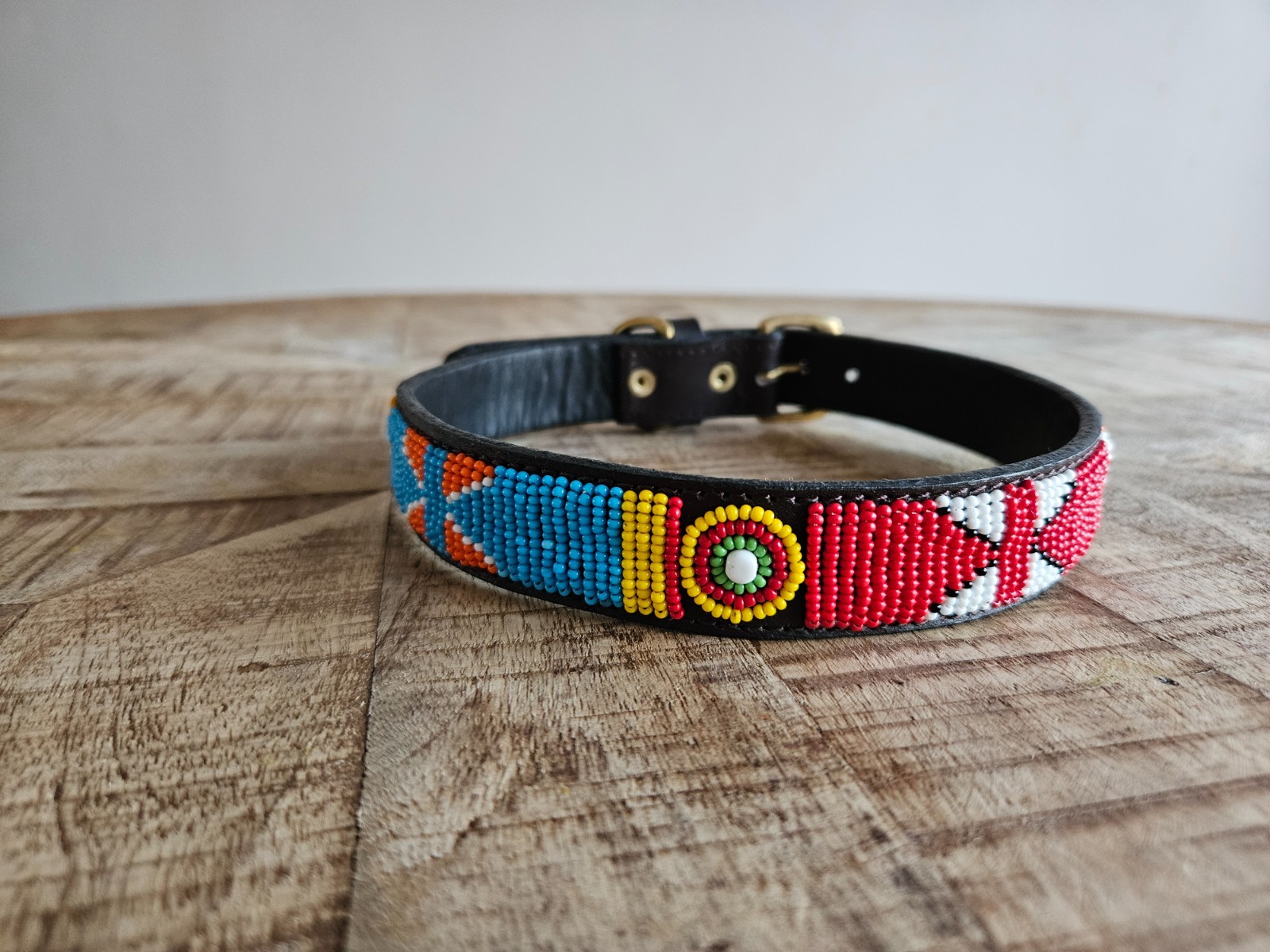 Blue Red Maasai Beaded Leather Dog Collar Handmade African Circle Pet Gift