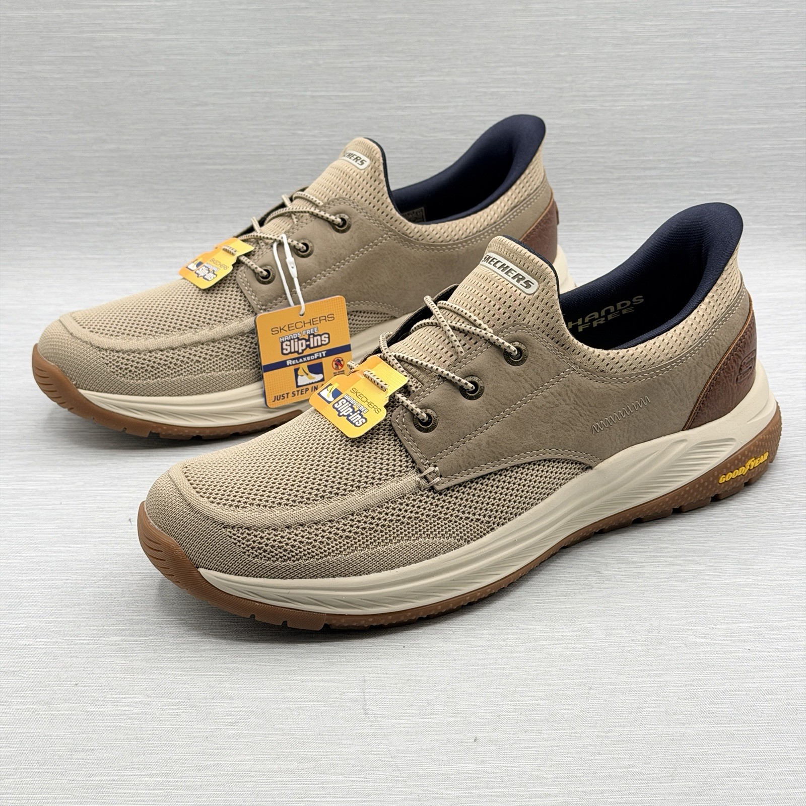 Skechers Slip Ins Men’s 11.5 Wide Taupe Walking Shoes Relaxed Fit Goodyear Meroe