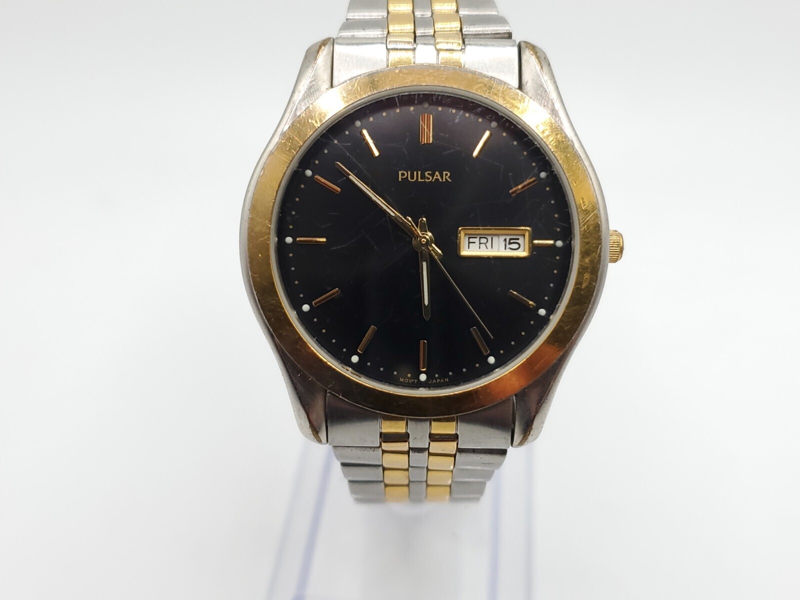 Vintage Pulsar Quartz Mens Watch New Battery Two-Tone Black Day/Date Dial 37mm