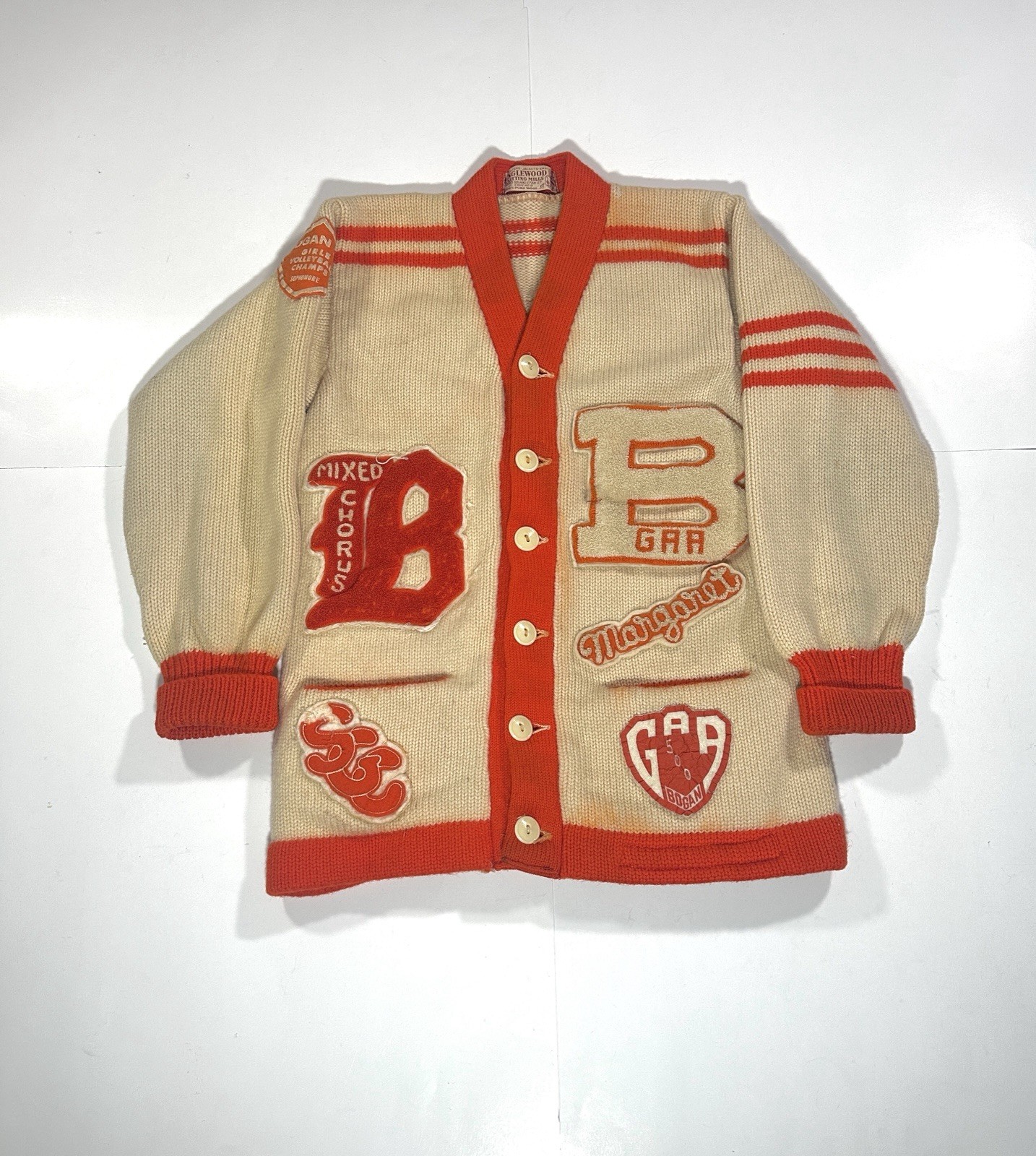 Vintage 1950s Chicago Letterman Cardigan Sweater Women Cream Orange Wool Patches