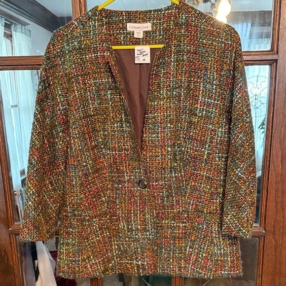 Coldwater Creek Womens Green Multi Tweed Single Button Blazer Jacket Size 14