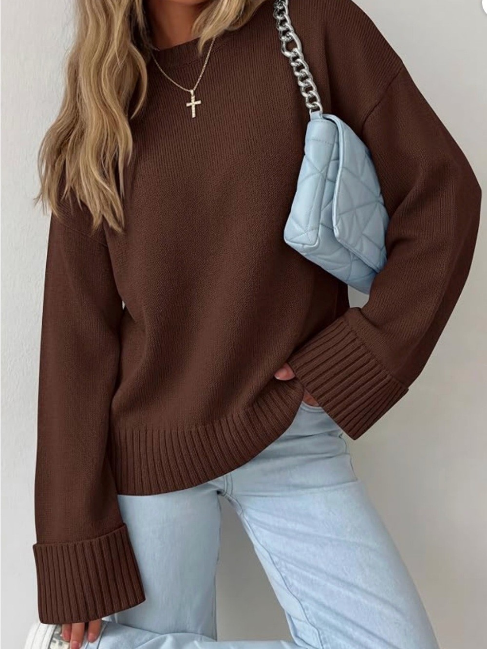 Women’s Oversized Brown Ribbed Cuff Crewneck Sweater Size Medium Women’s Oversized Brown Ribbed Cuff Crewneck Sweater Size Medium