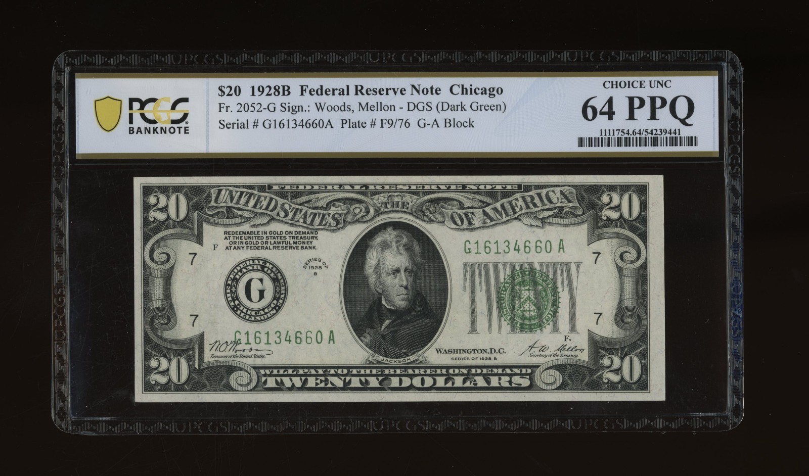 DBR 1928-B $20 DGS FRN Chicago Fr. 2052-Gdgs PCGS-B 64 PPQ Serial G16134660A