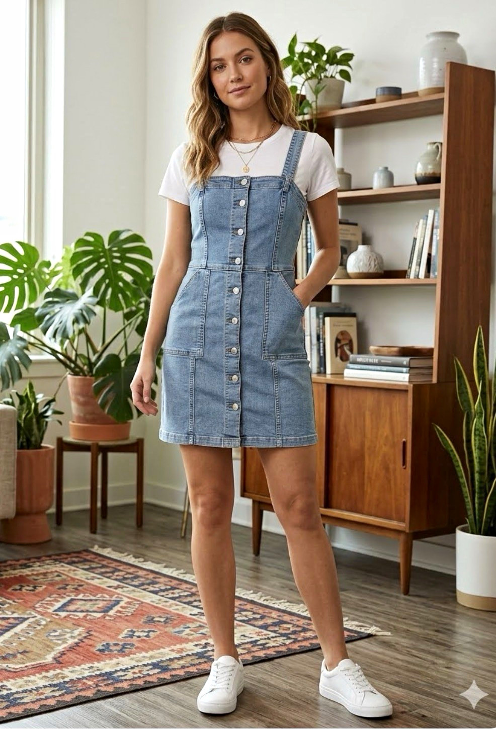 H&M Women\'s XS Blue Denim Overall Dress Button Front Square Neck Pockets Short