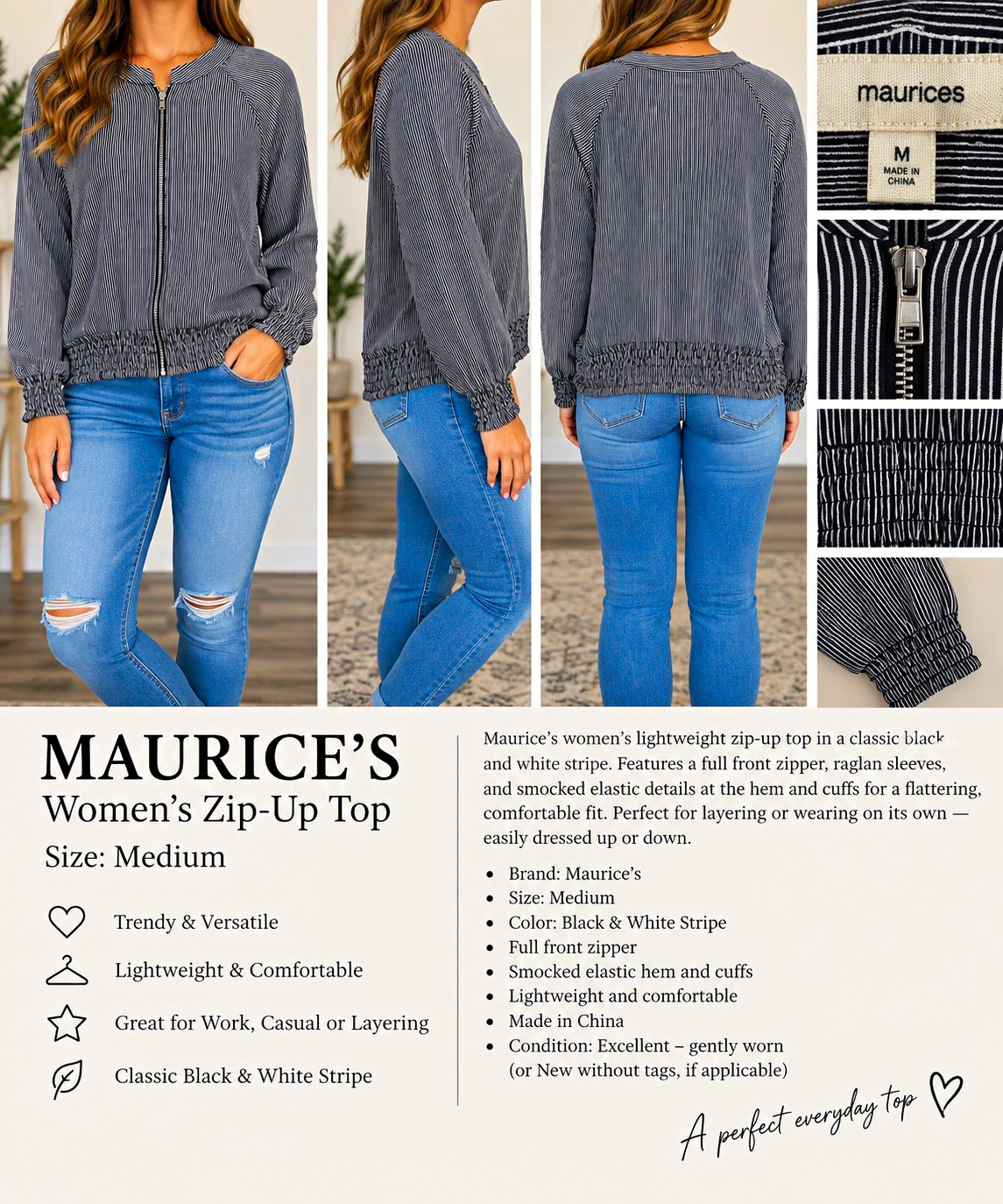 Maurices Black & White Striped Collared Zip Blouse Raglan Long Sleeve M Maurices Black & White Striped Collared Zip Blouse Raglan Long Sleeve M