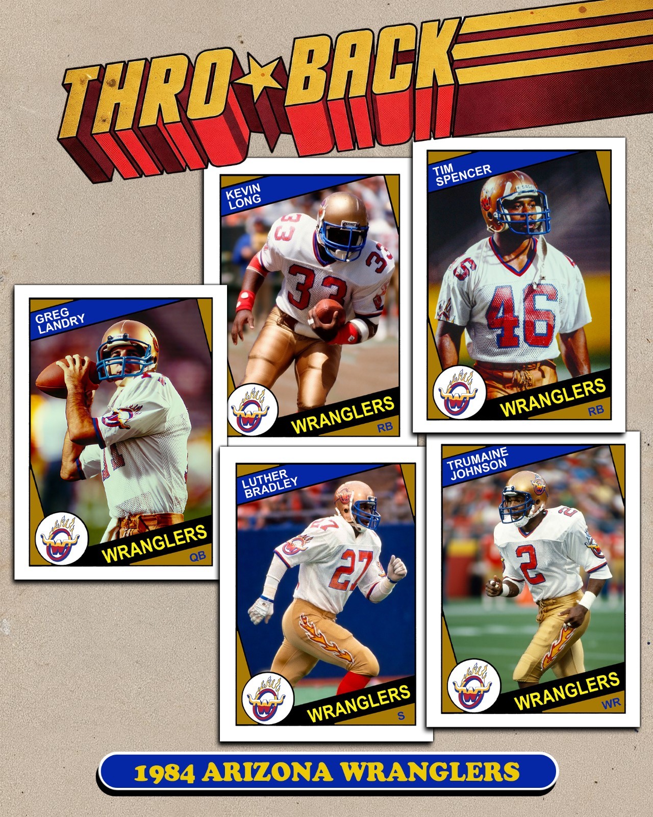 THROBACK custom Football 1984 Arizona Wranglers USFL 5-Card Set Topps Landry