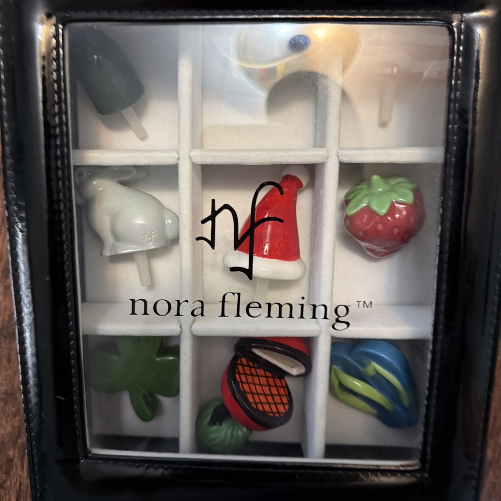 Nora Fleming Retired Mini Tray& Bowl Attachments 9 Pieces In Storage Box EUC