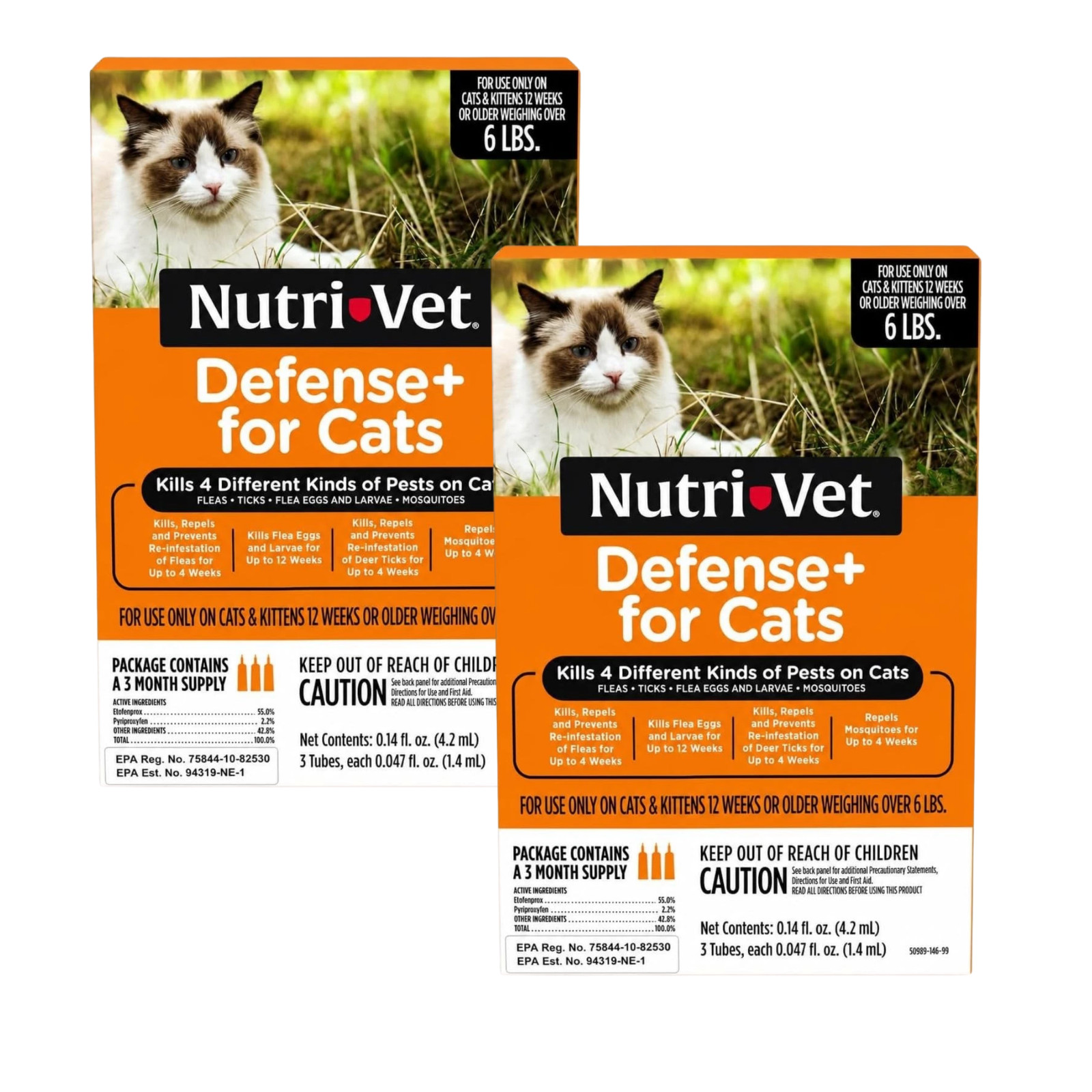 6 Doses - Nutri-Vet Defense+ for Cats Flea Tick Mosquito Treatment  6+ lbs