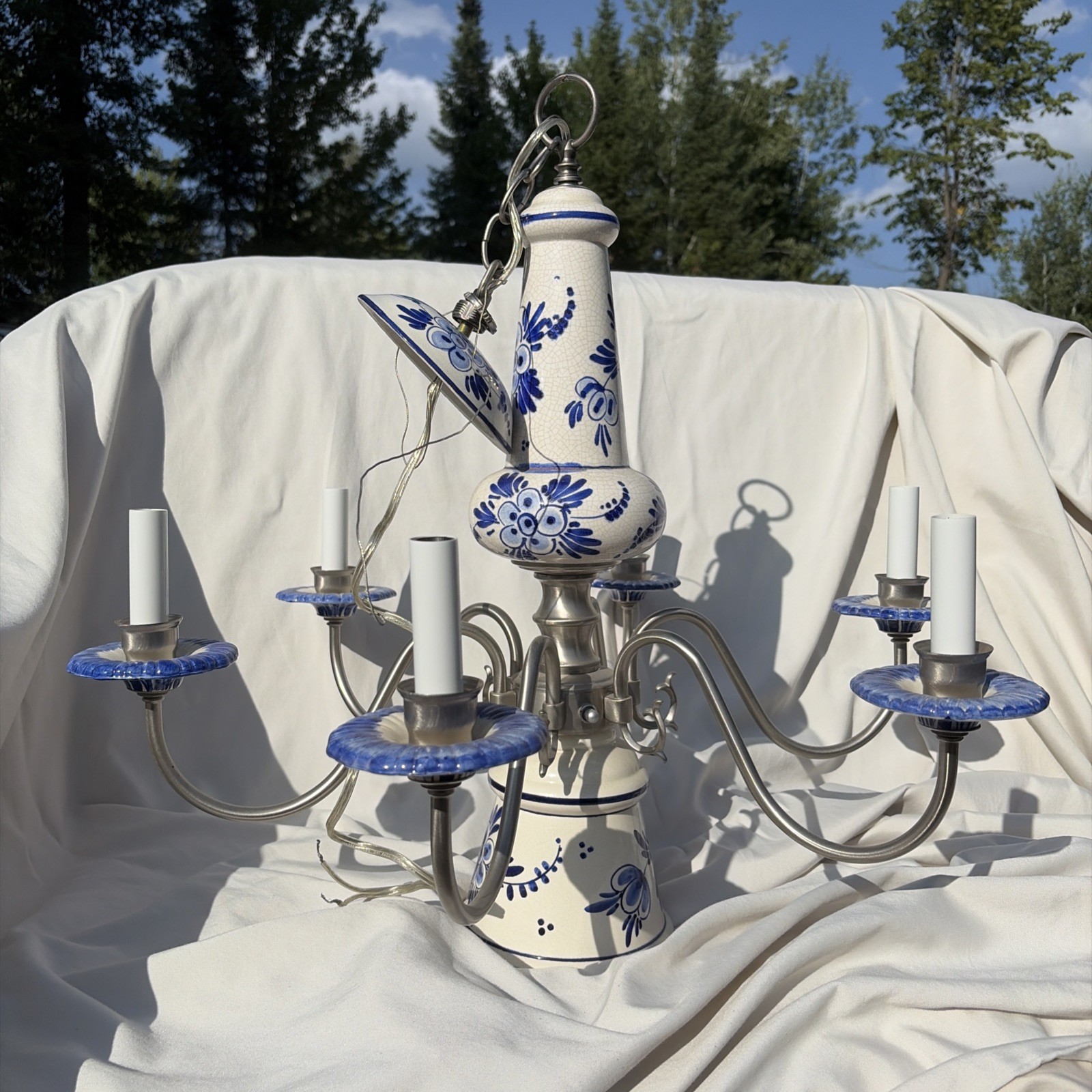 vintage Dutch Delft-style 6-light ceramic chandelier